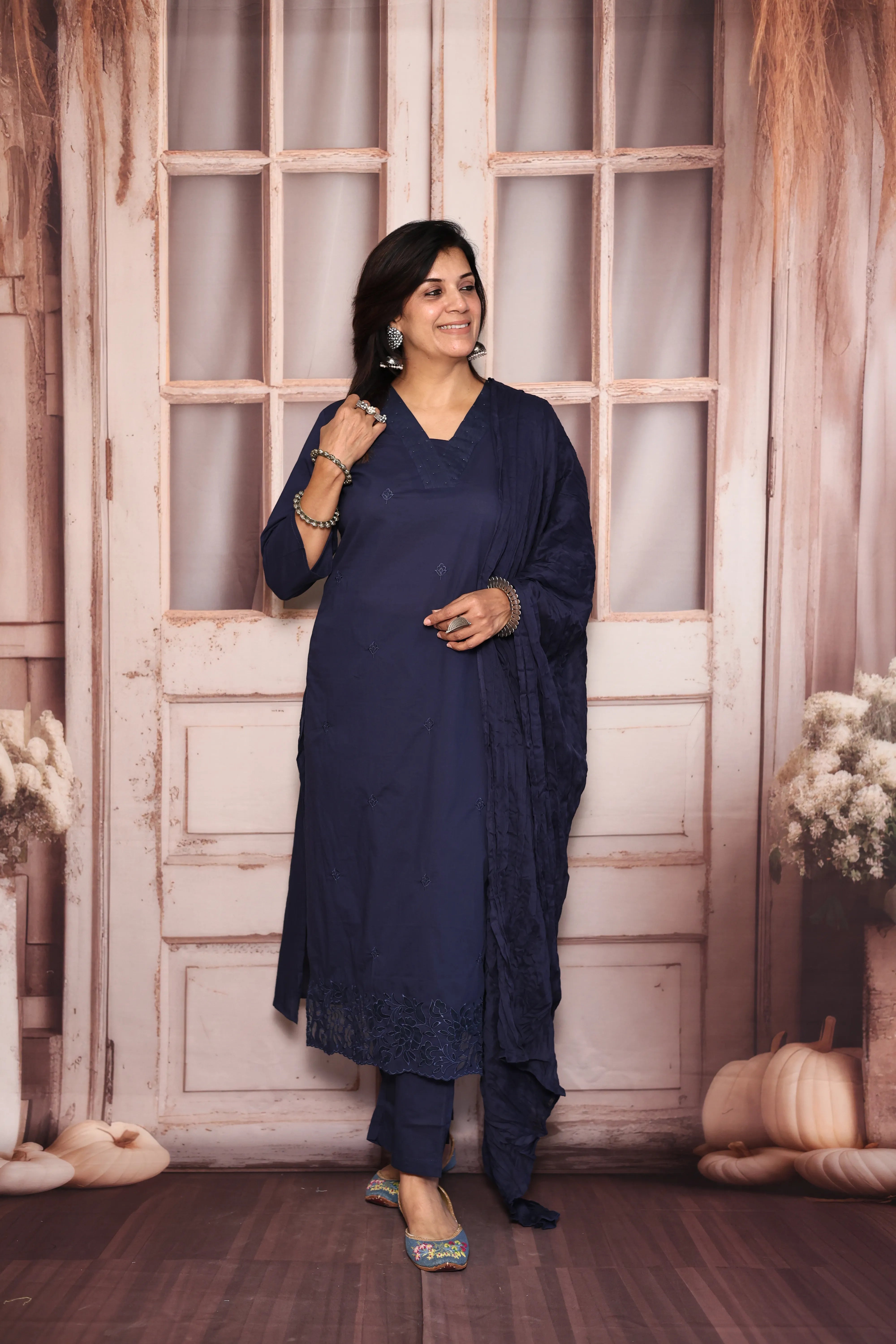 Navy blue Thread Embroidered Dupatta Set | Pearl & Appliqué Patch Cut Work | Soft Cotton