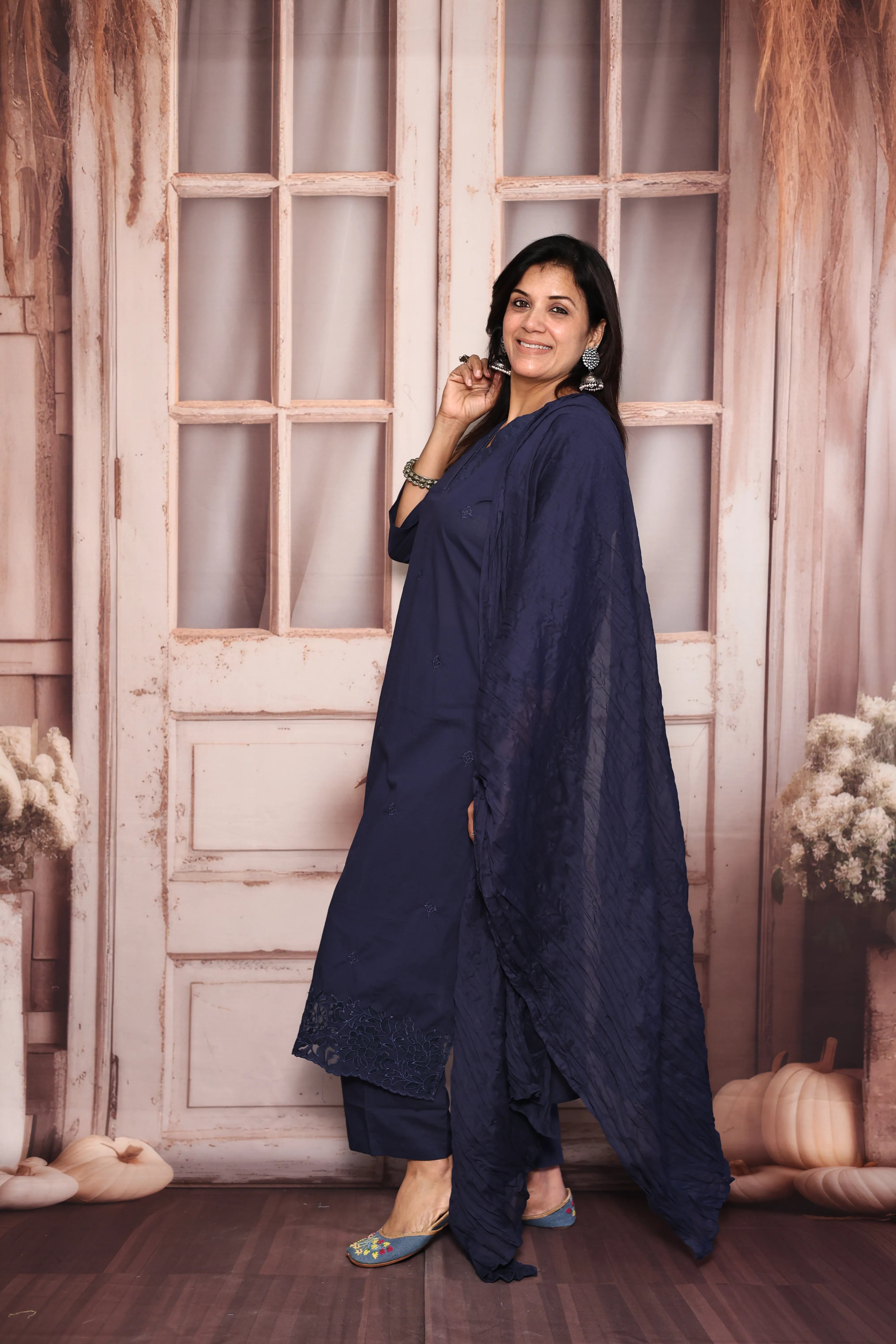 Navy blue Thread Embroidered Dupatta Set | Pearl & Appliqué Patch Cut Work | Soft Cotton