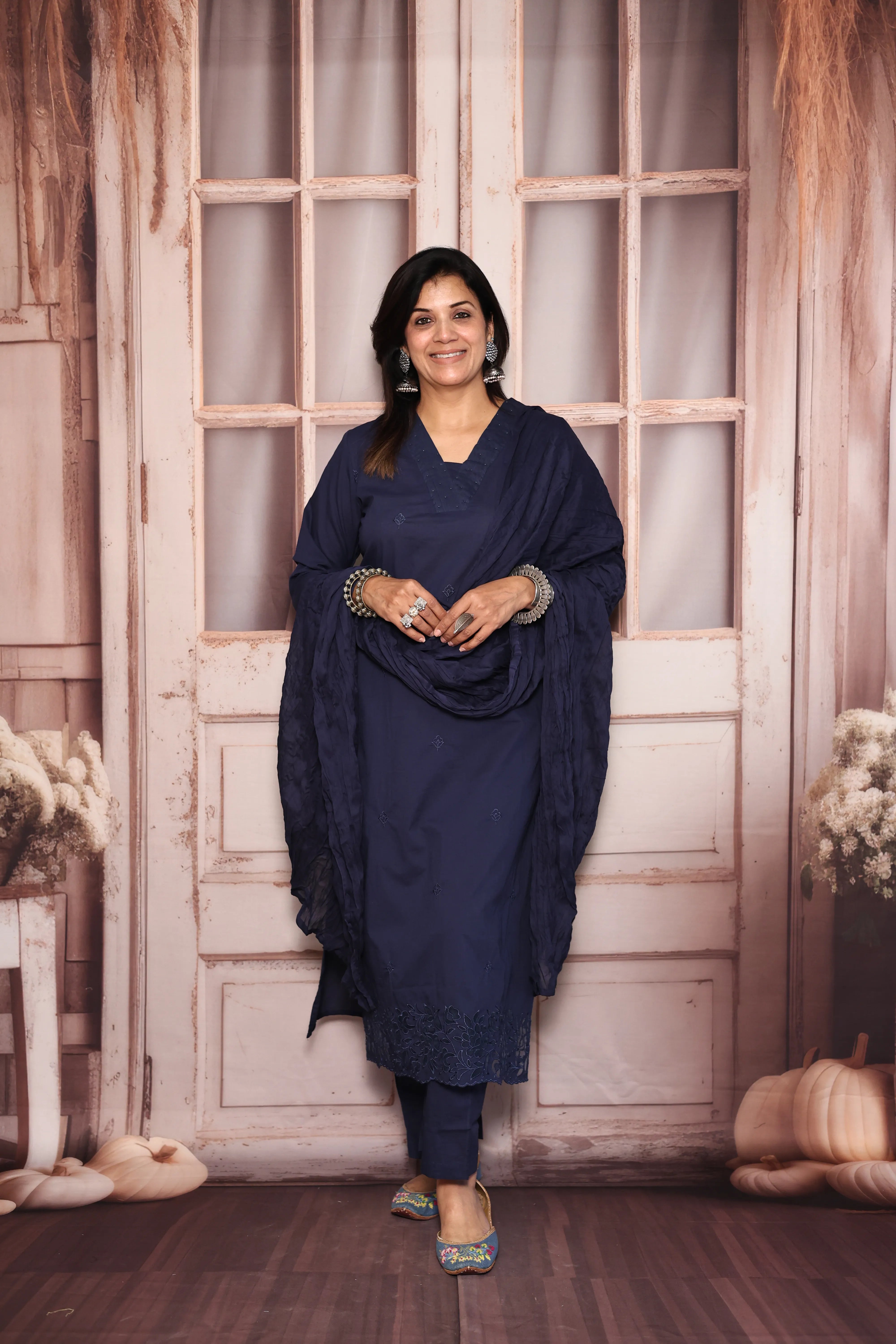 Navy blue Thread Embroidered Dupatta Set | Pearl & Appliqué Patch Cut Work | Soft Cotton