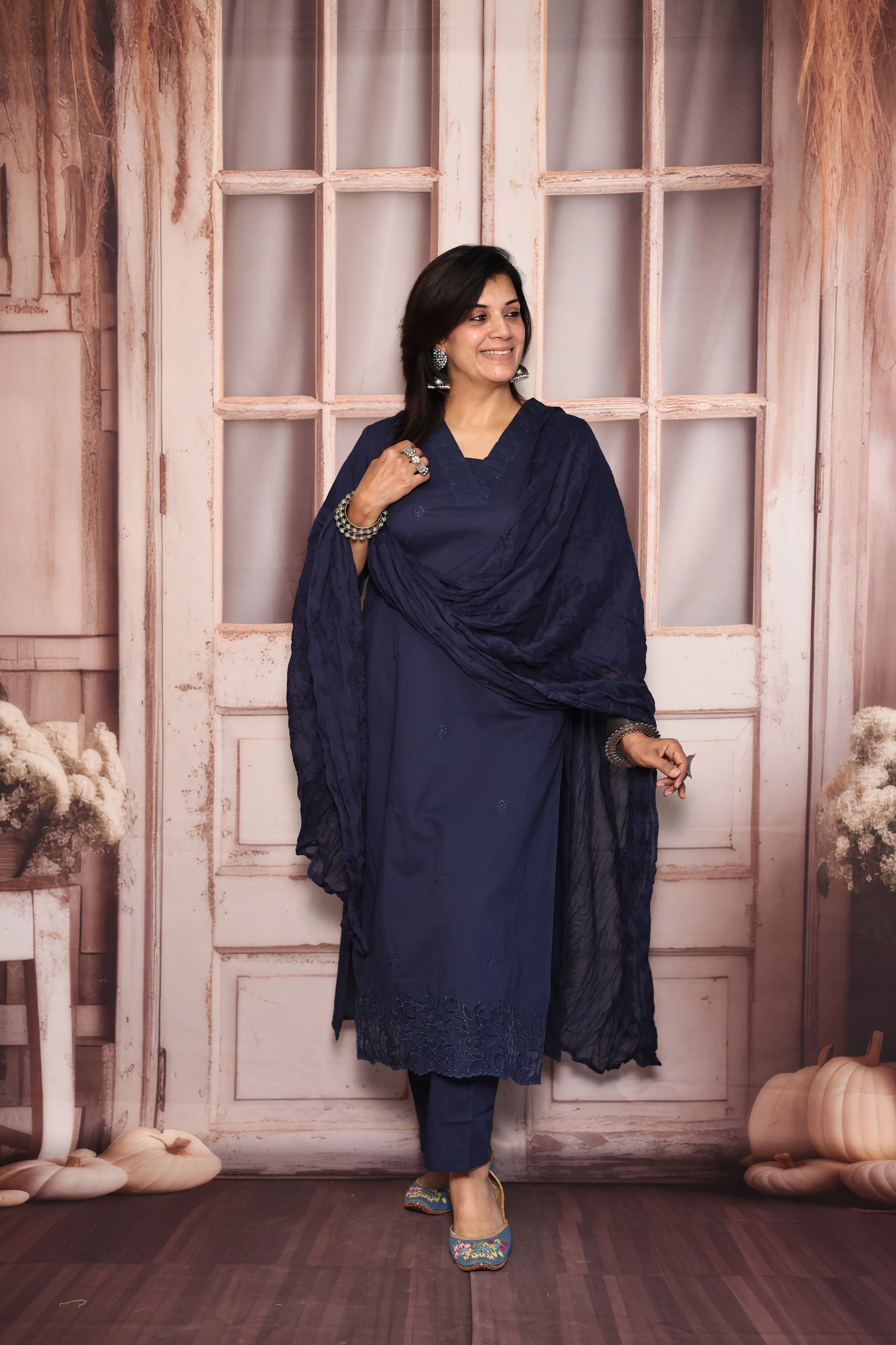 Navy blue Thread Embroidered Dupatta Set | Pearl & Appliqué Patch Cut Work | Soft Cotton
