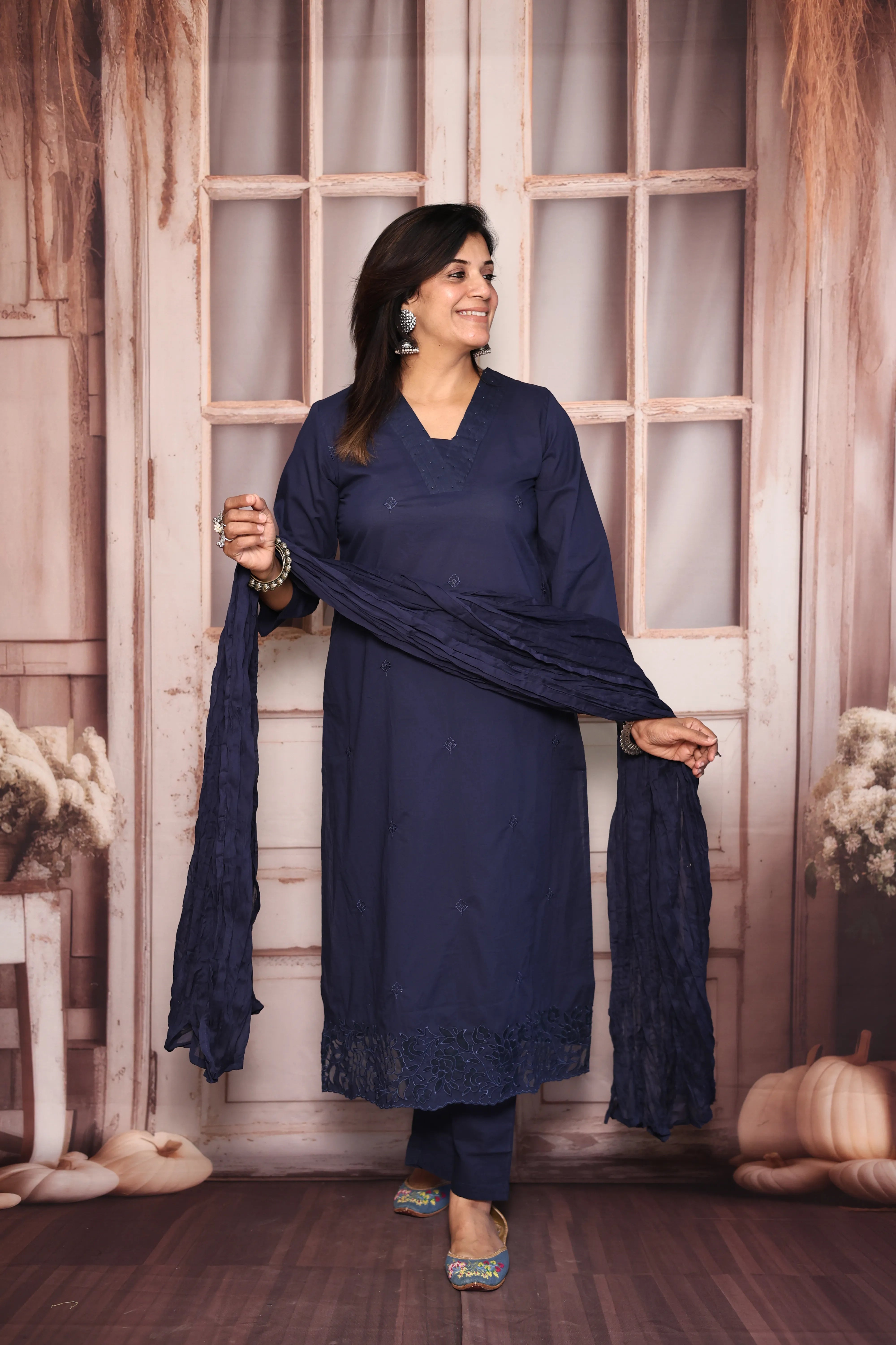 Navy blue Thread Embroidered Dupatta Set | Pearl & Appliqué Patch Cut Work | Soft Cotton