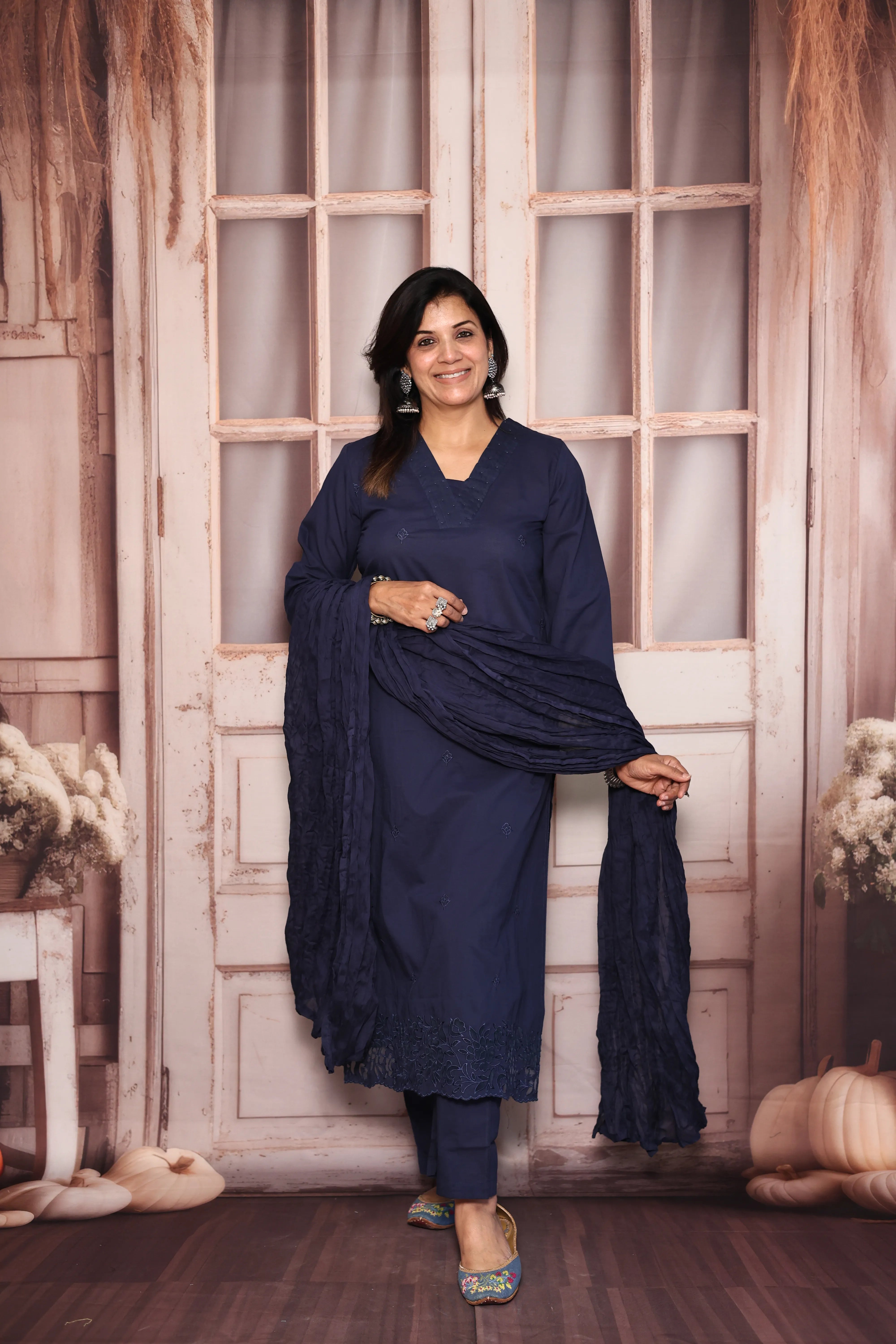 Navy blue Thread Embroidered Dupatta Set | Pearl & Appliqué Patch Cut Work | Soft Cotton