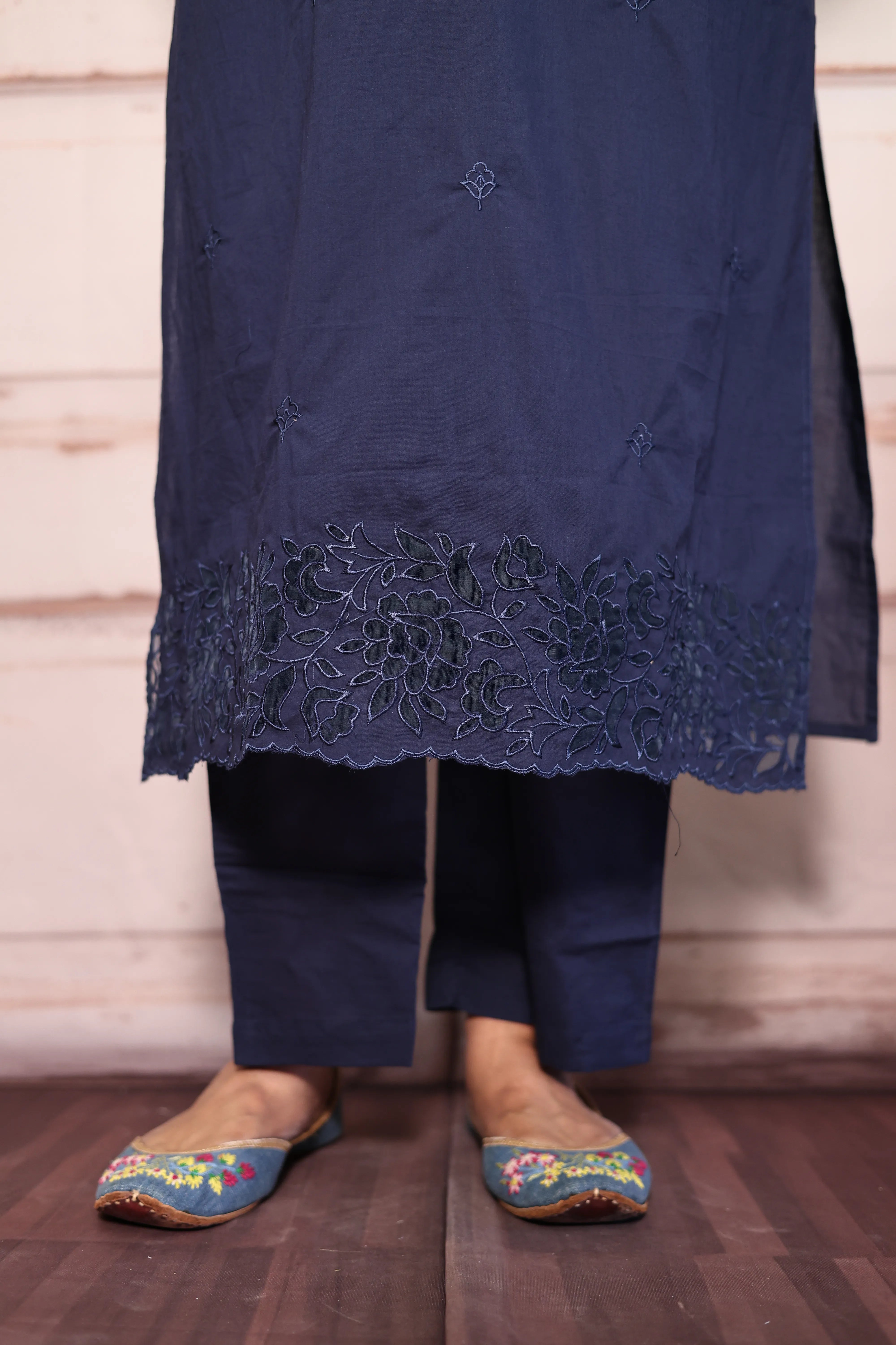 Navy blue Thread Embroidered Dupatta Set | Pearl & Appliqué Patch Cut Work | Soft Cotton