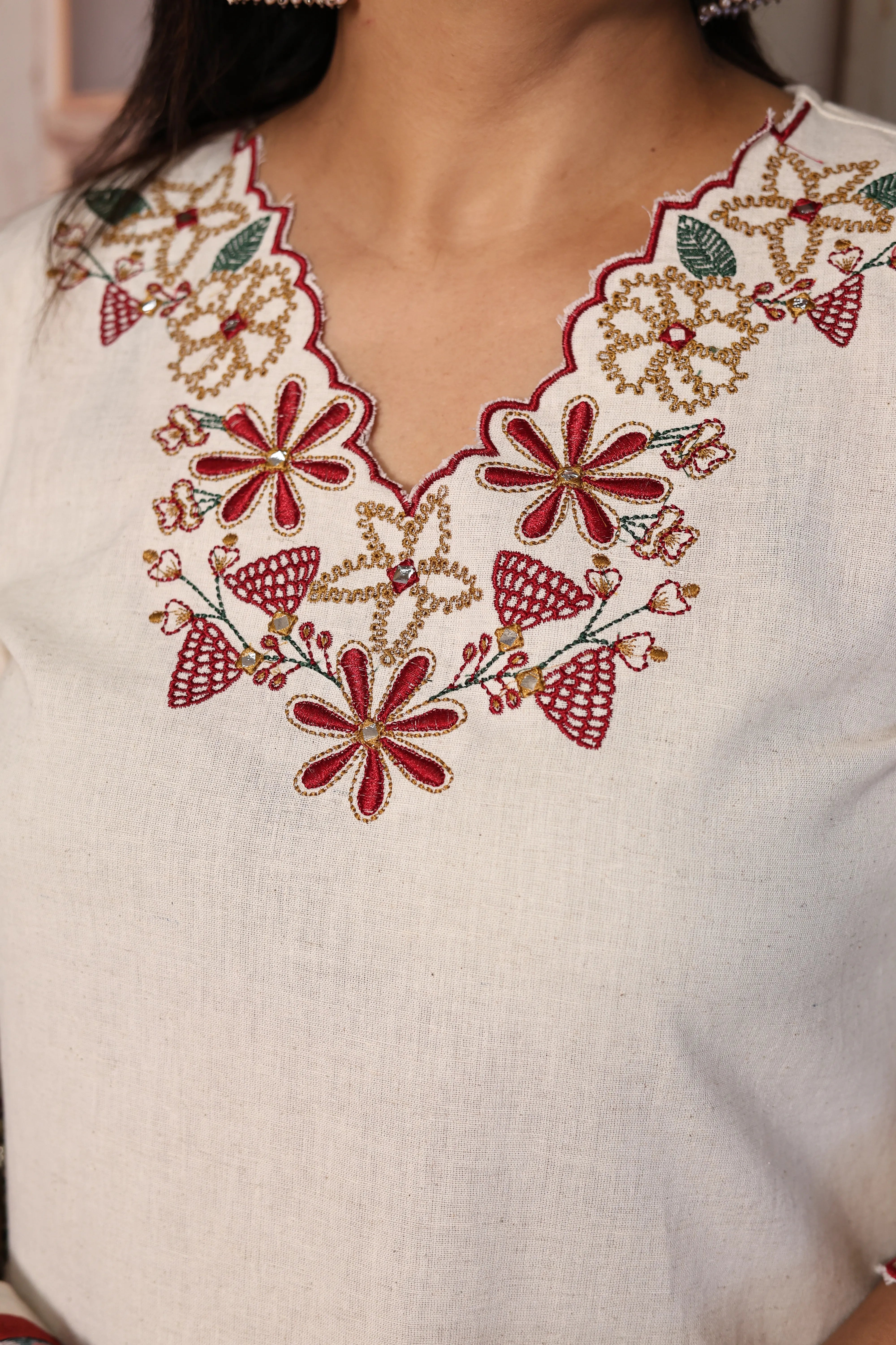 Off White Printed Dupatta Set | Floral Print, Thread Embroidery & Cut Work | Cotton Flex