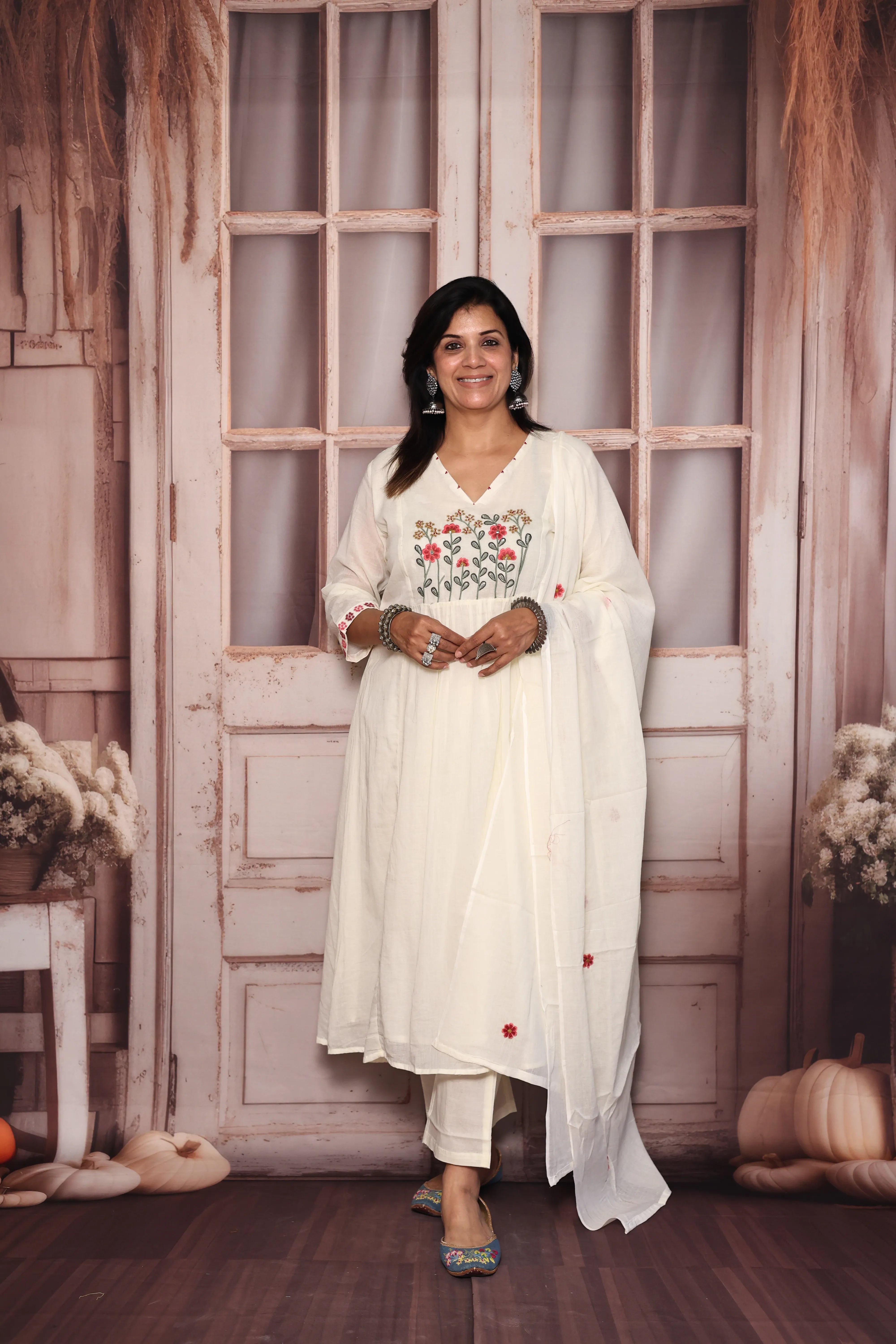 Cream A-Line Yoke Work Kurta Pant with Dupatta Set | Pearl & Floral Thread Embroidery | Mul Mul