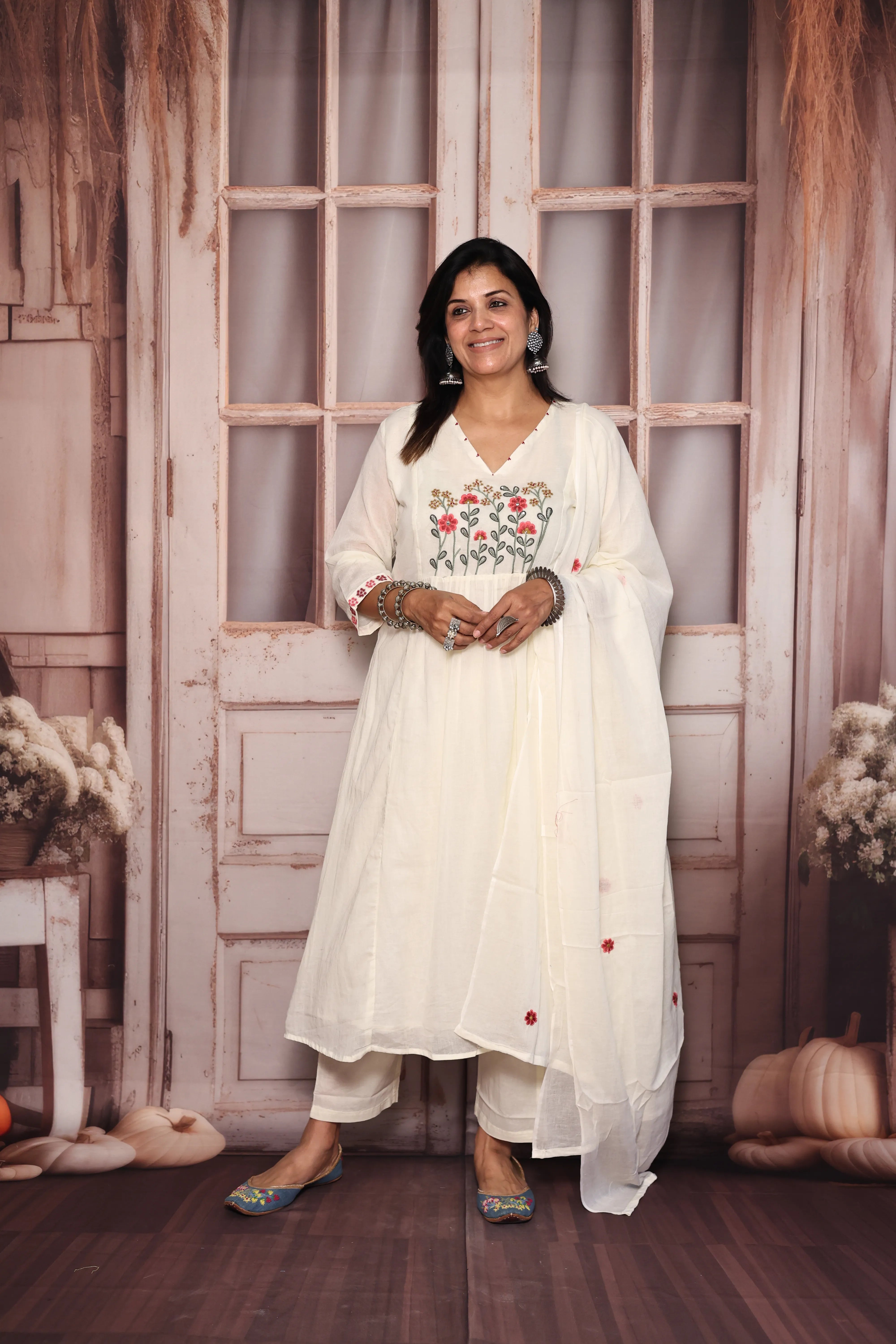 Cream A-Line Yoke Work Kurta Pant with Dupatta Set | Pearl & Floral Thread Embroidery | Mul Mul