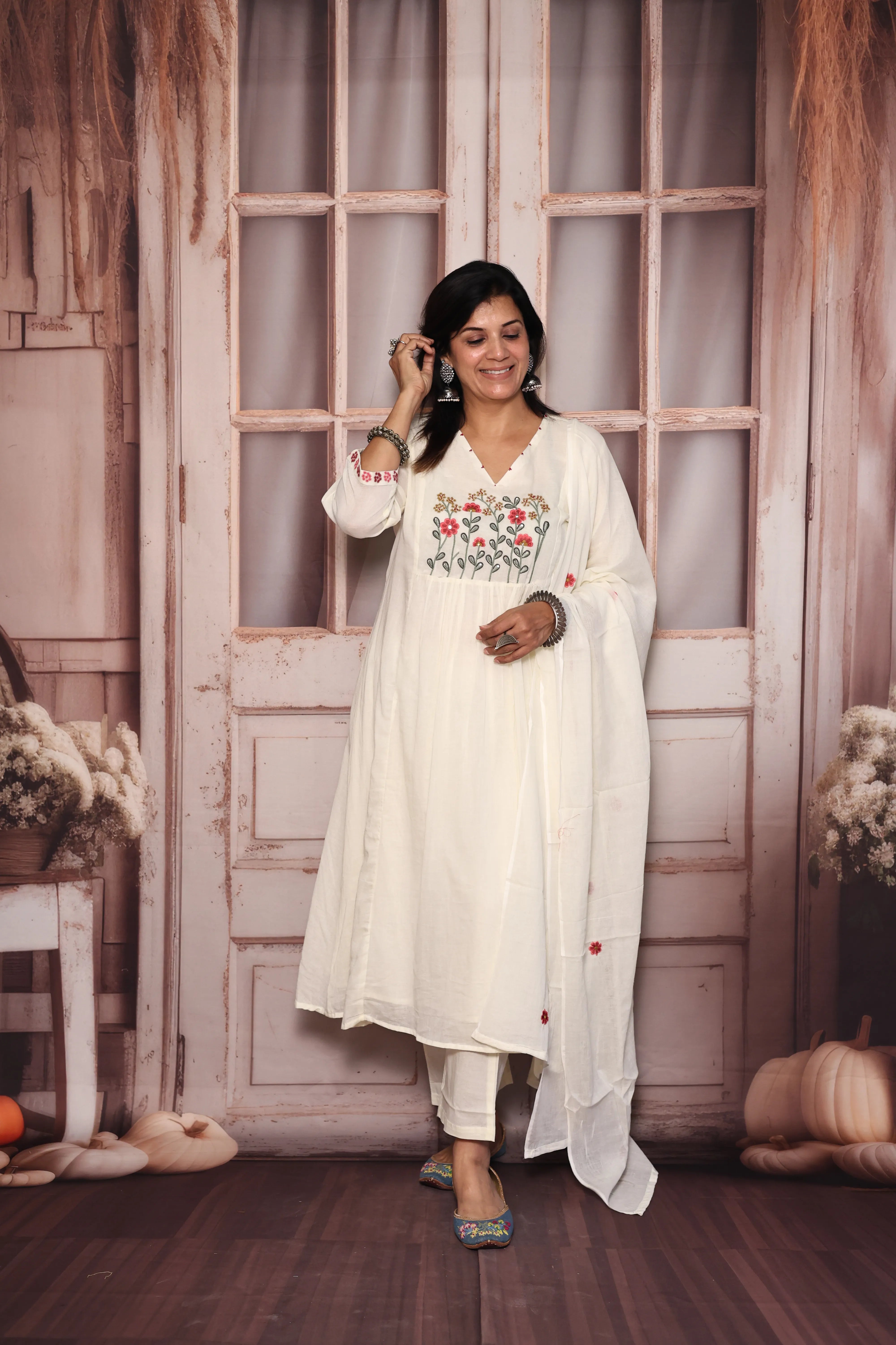 Cream A-Line Yoke Work Kurta Pant with Dupatta Set | Pearl & Floral Thread Embroidery | Mul Mul