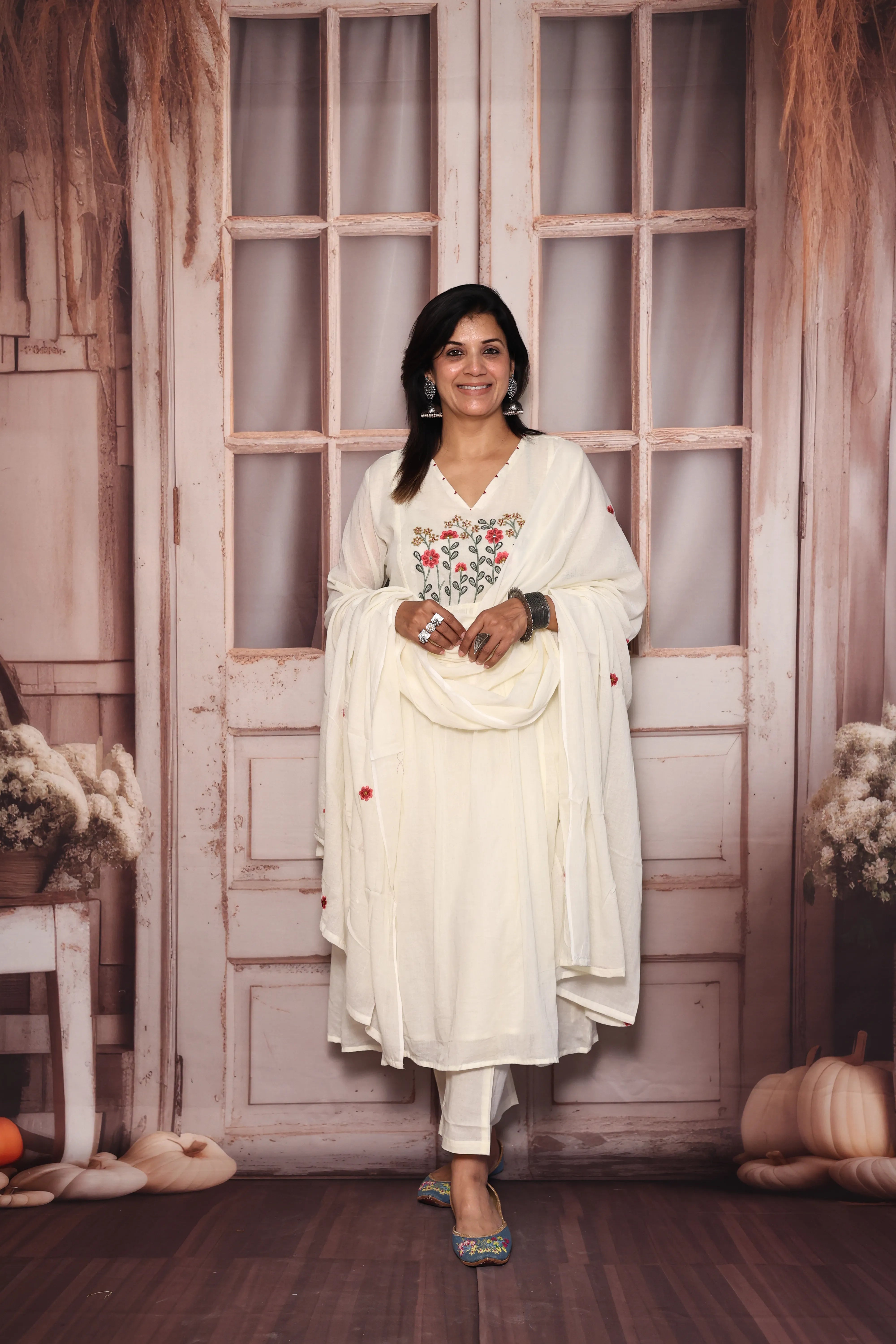 Cream A-Line Yoke Work Kurta Pant with Dupatta Set | Pearl & Floral Thread Embroidery | Mul Mul
