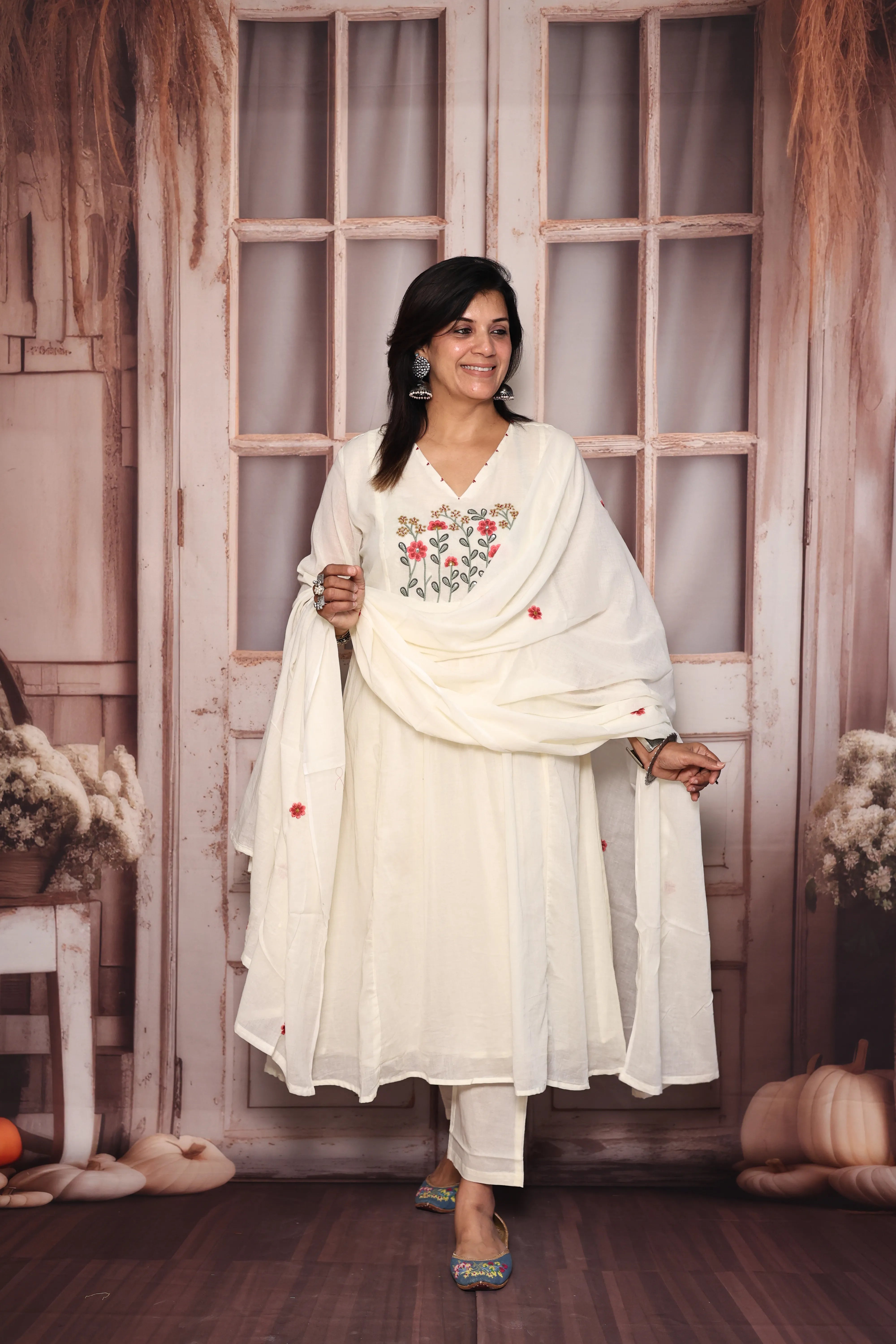 Cream A-Line Yoke Work Kurta Pant with Dupatta Set | Pearl & Floral Thread Embroidery | Mul Mul