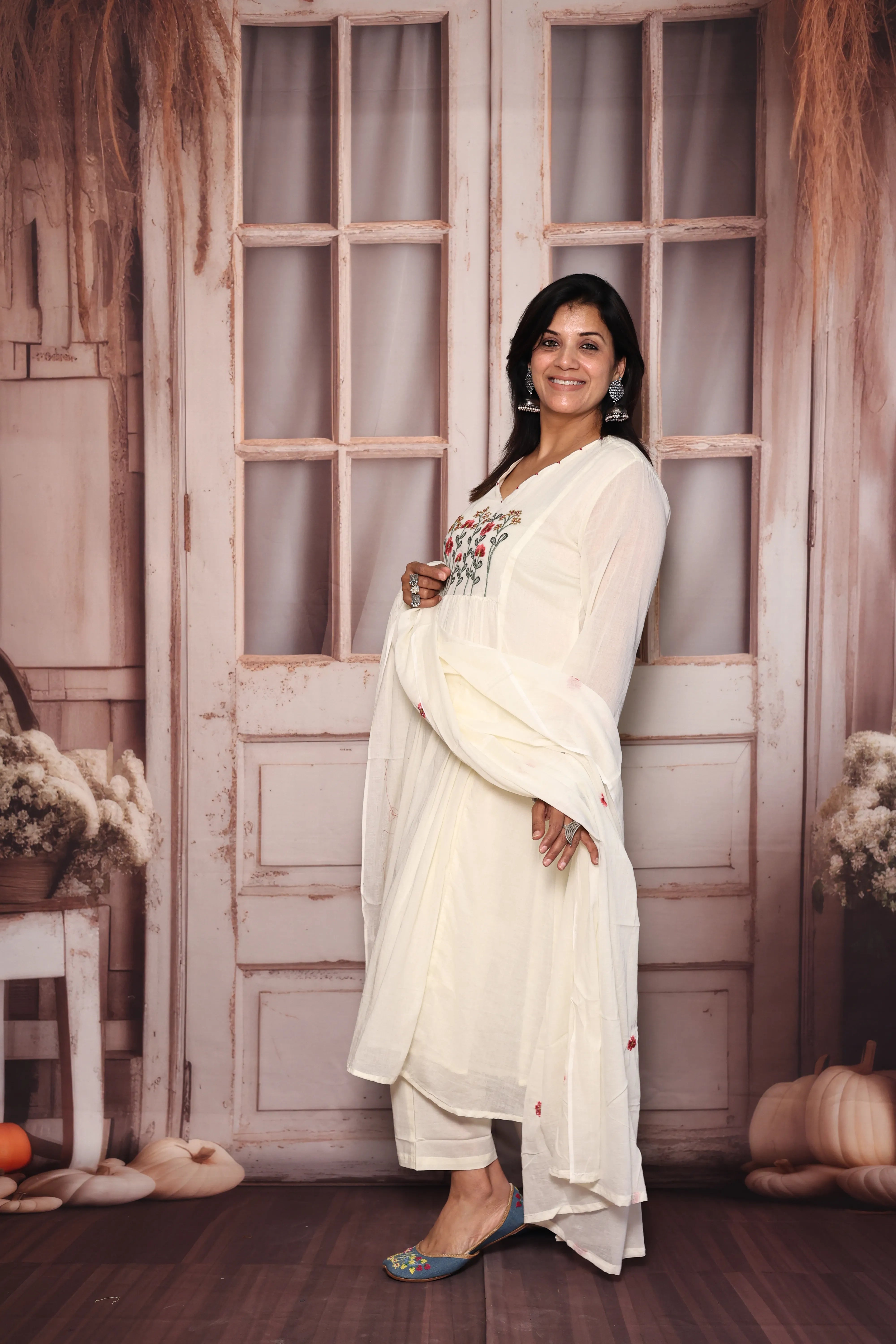Cream A-Line Yoke Work Kurta Pant with Dupatta Set | Pearl & Floral Thread Embroidery | Mul Mul