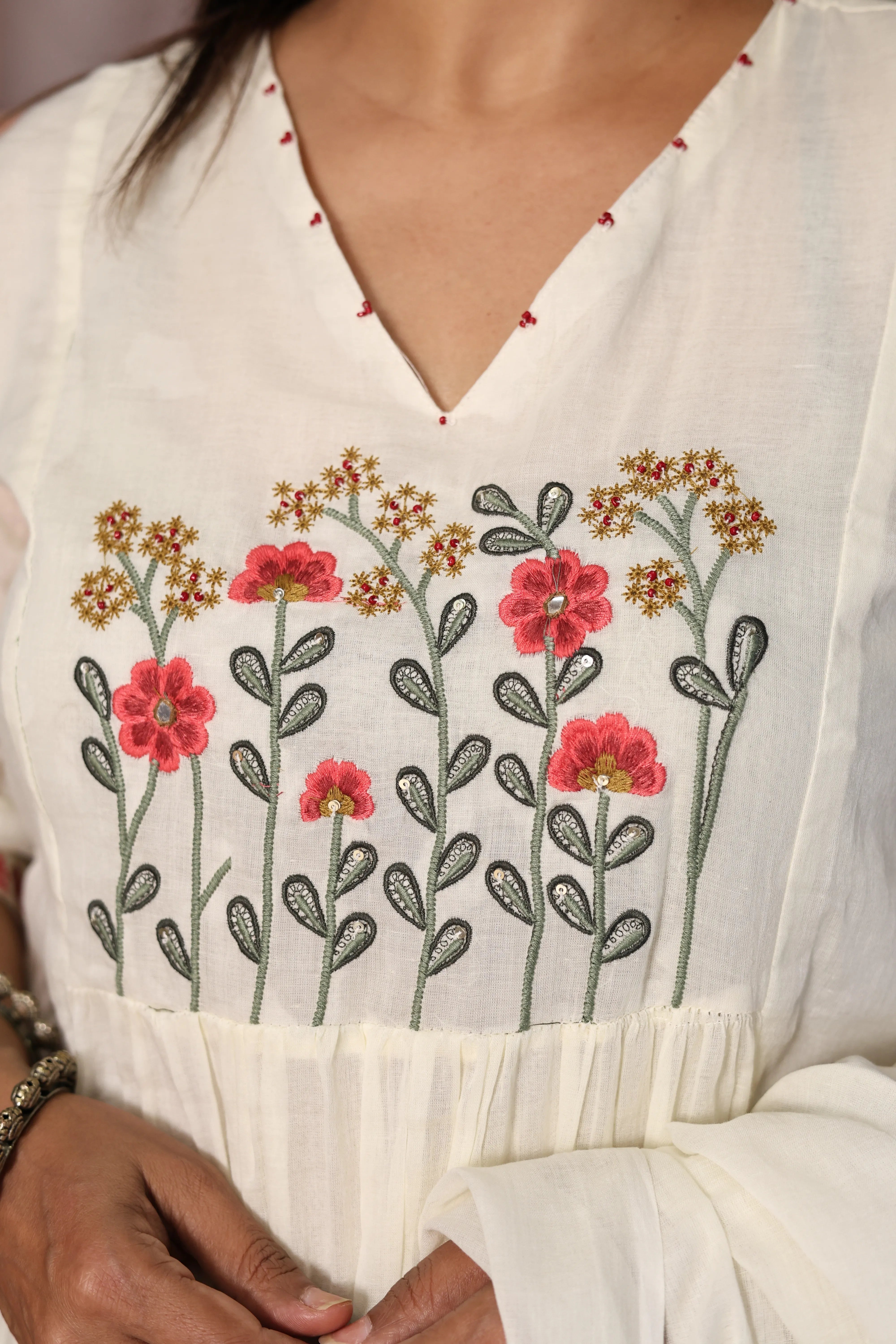 Cream A-Line Yoke Work Kurta Pant with Dupatta Set | Pearl & Floral Thread Embroidery | Mul Mul