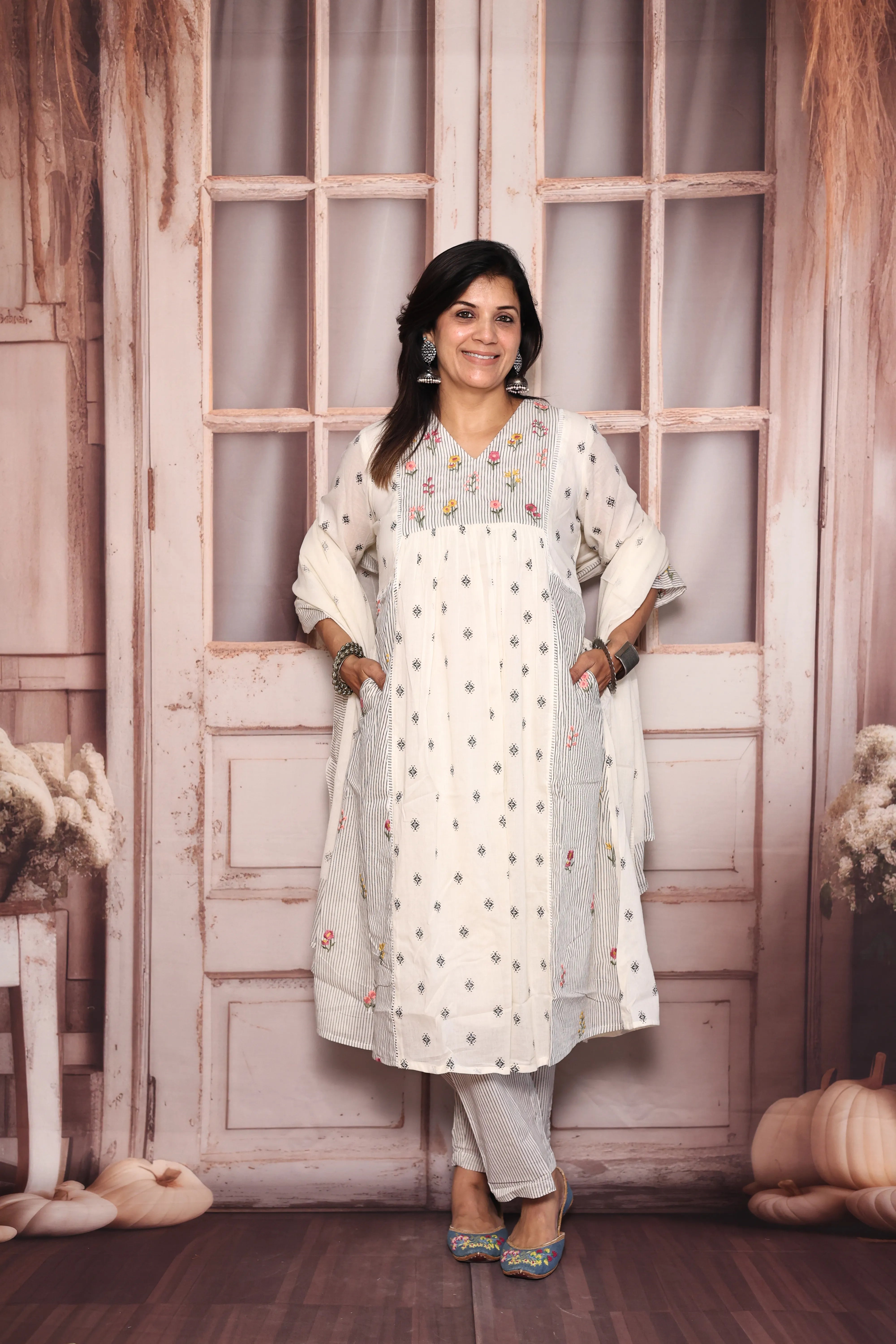 Off white A-Line Yoke Work Printed Dupatta Set | Pearl & Floral Thread Embroidery | Mul Mul