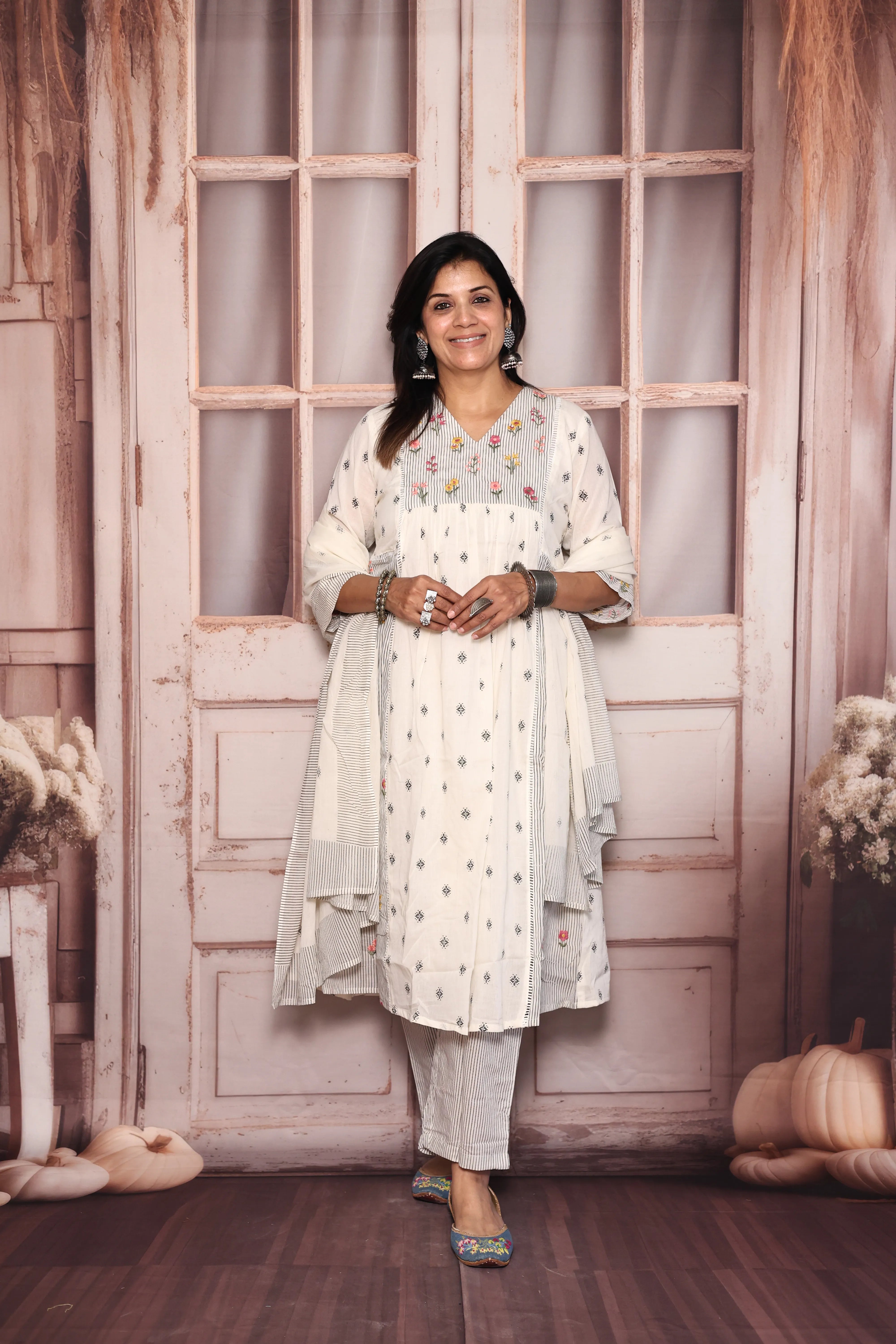 Off white A-Line Yoke Work Printed Dupatta Set | Pearl & Floral Thread Embroidery | Mul Mul