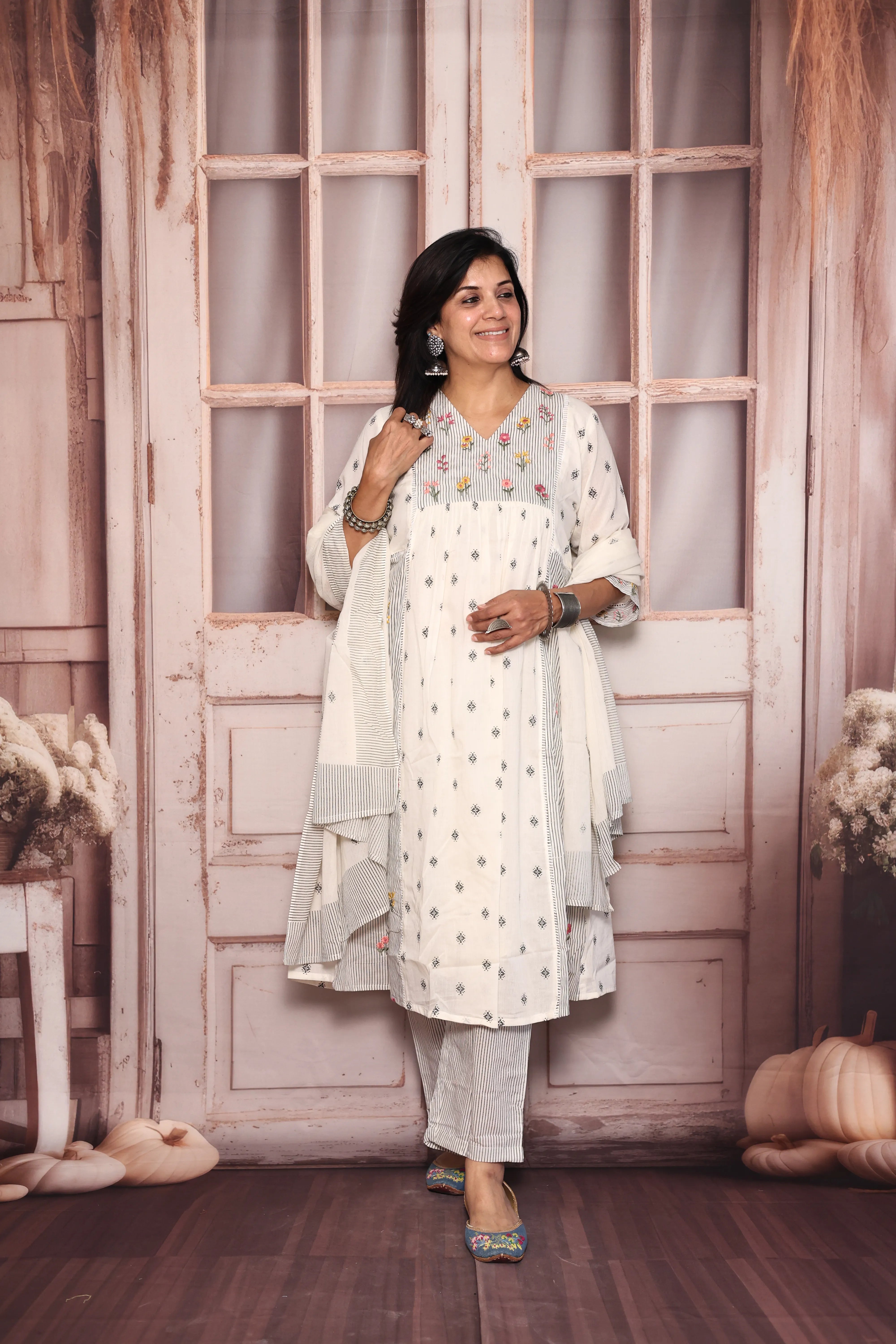Off white A-Line Yoke Work Printed Dupatta Set | Pearl & Floral Thread Embroidery | Mul Mul