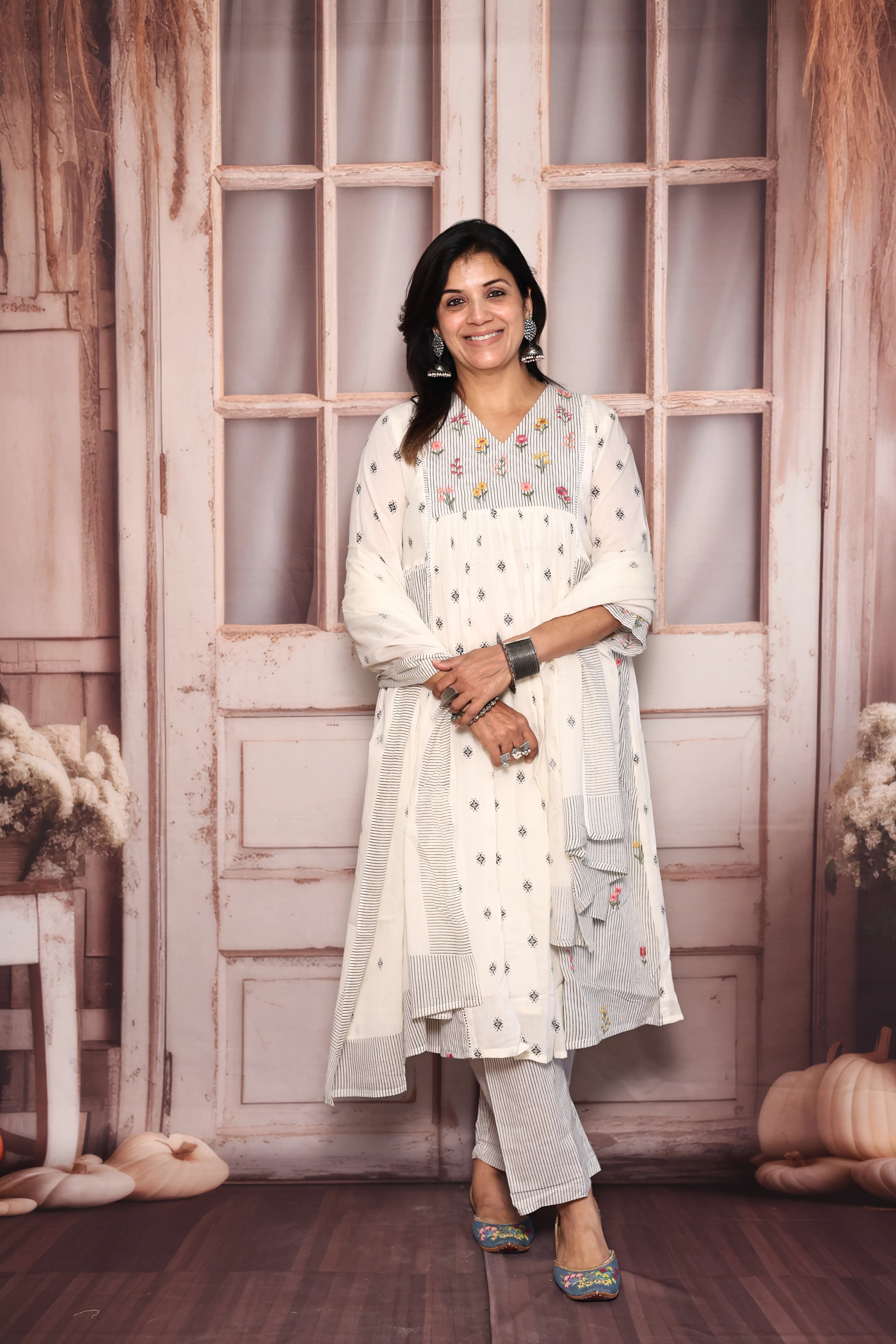 Off white A-Line Yoke Work Printed Dupatta Set | Pearl & Floral Thread Embroidery | Mul Mul