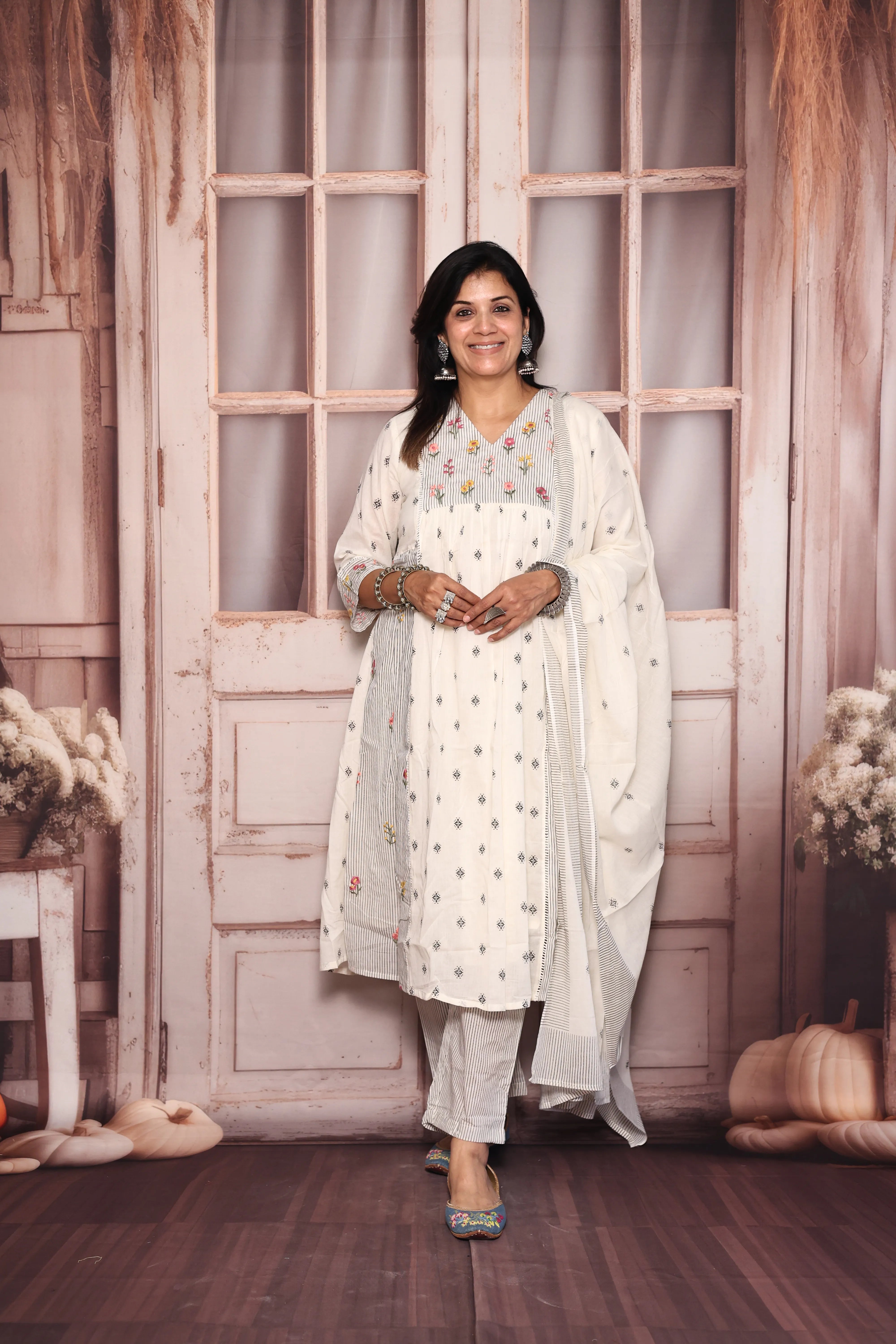 Off white A-Line Yoke Work Printed Dupatta Set | Pearl & Floral Thread Embroidery | Mul Mul