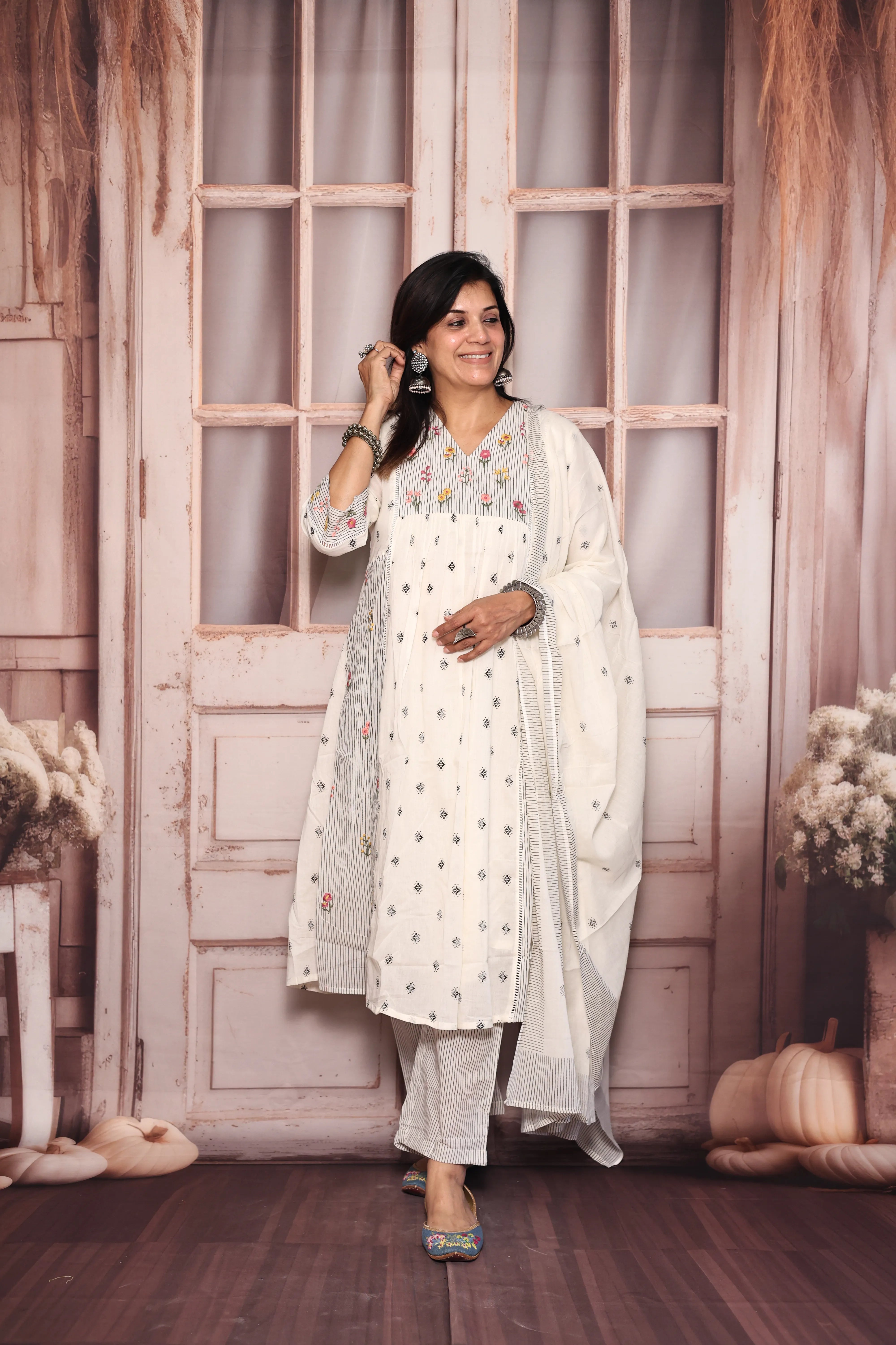 Off white A-Line Yoke Work Printed Dupatta Set | Pearl & Floral Thread Embroidery | Mul Mul