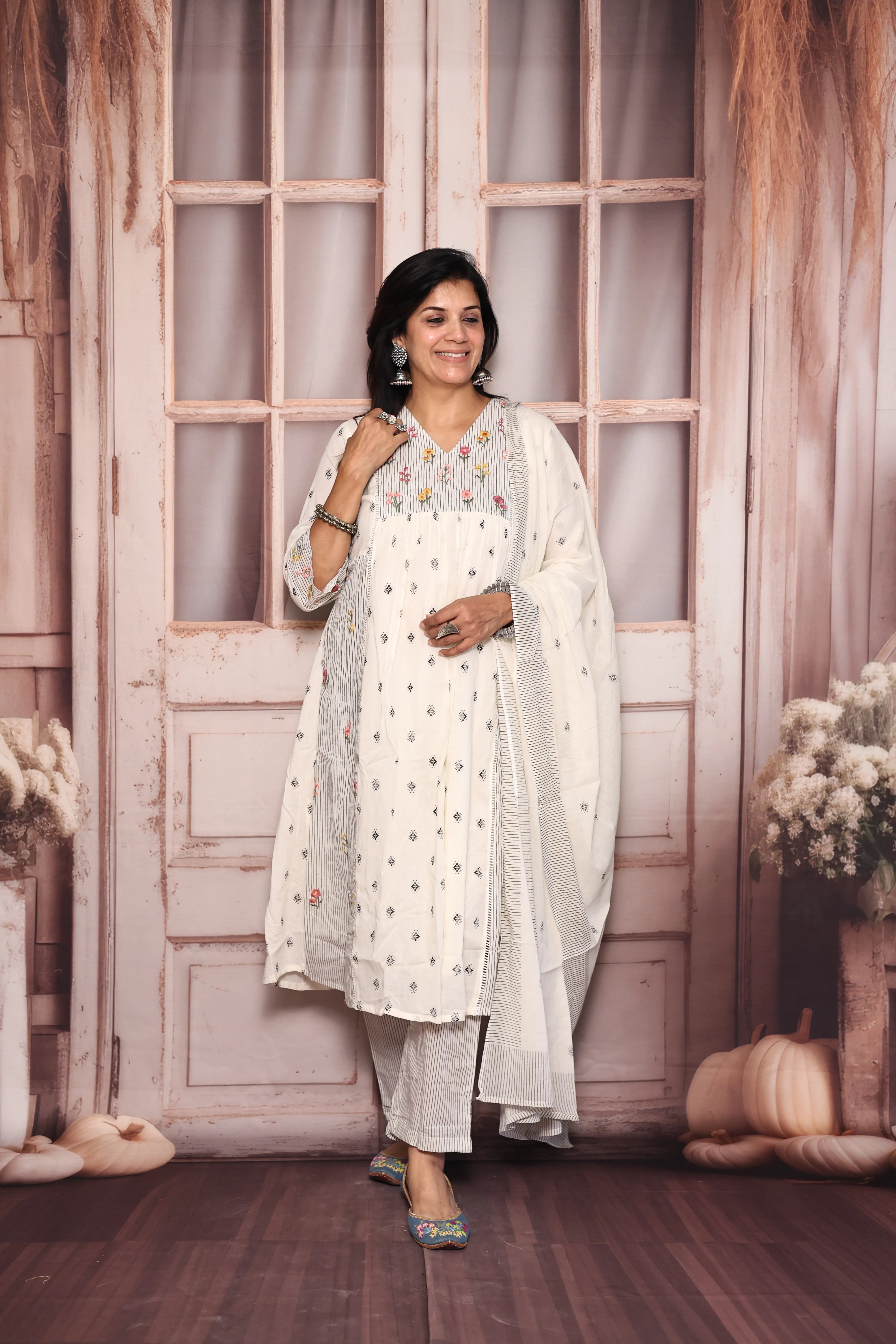 Off white A-Line Yoke Work Printed Dupatta Set | Pearl & Floral Thread Embroidery | Mul Mul