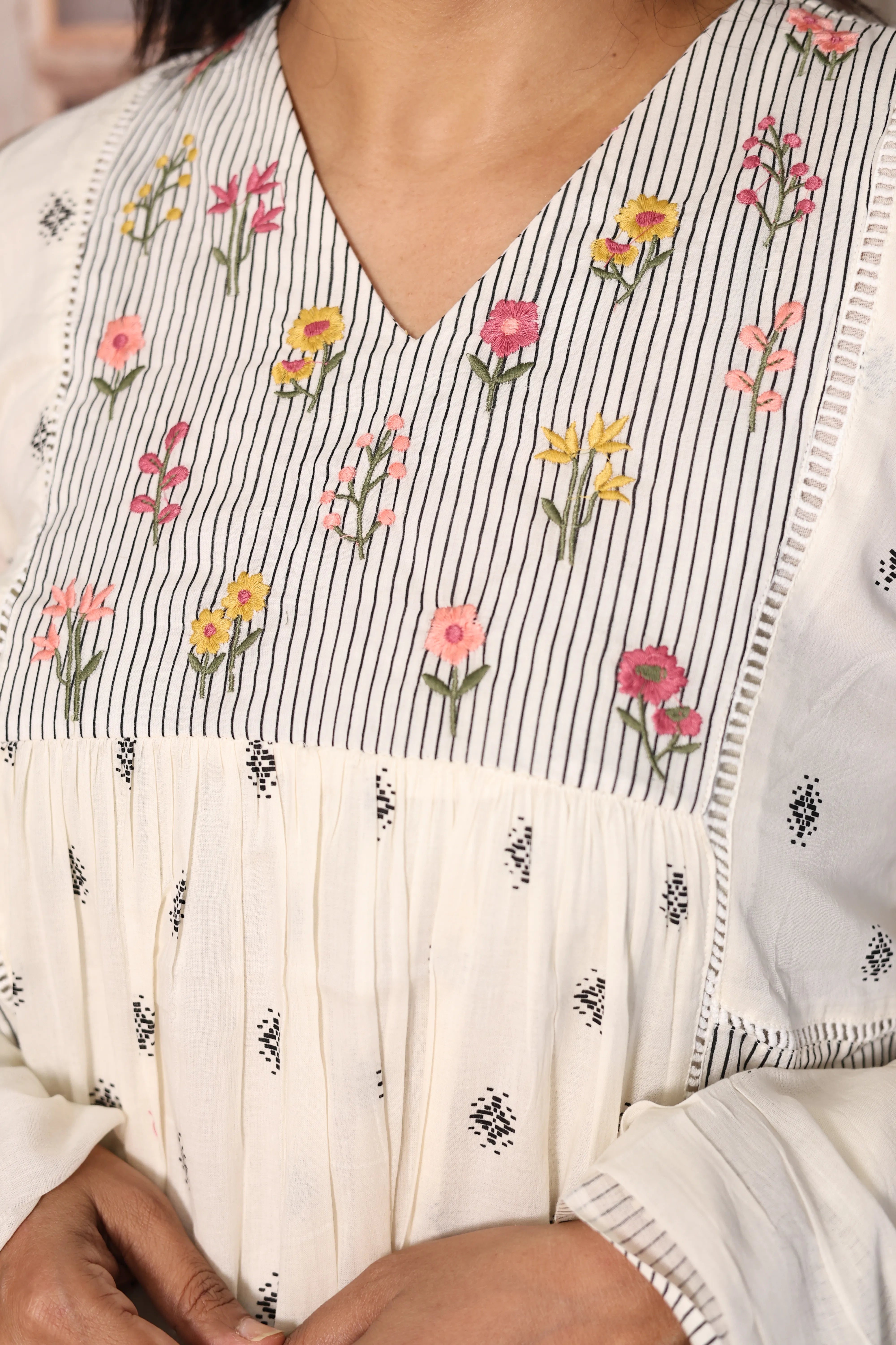 Off white A-Line Yoke Work Printed Dupatta Set | Pearl & Floral Thread Embroidery | Mul Mul