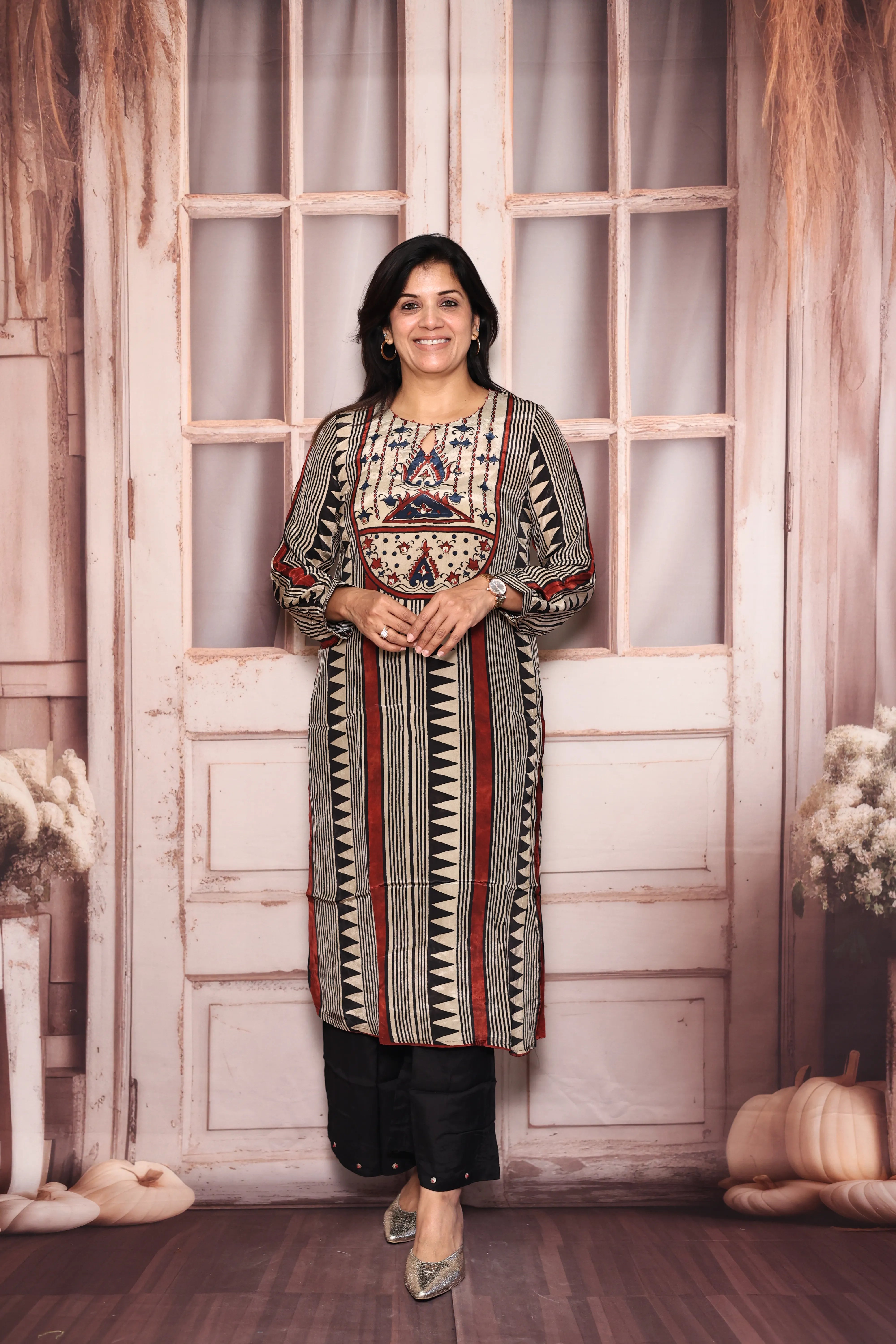 Beige & Black Printed Kurta Pant Set | Embroidered Pure Crepe Designer Wear