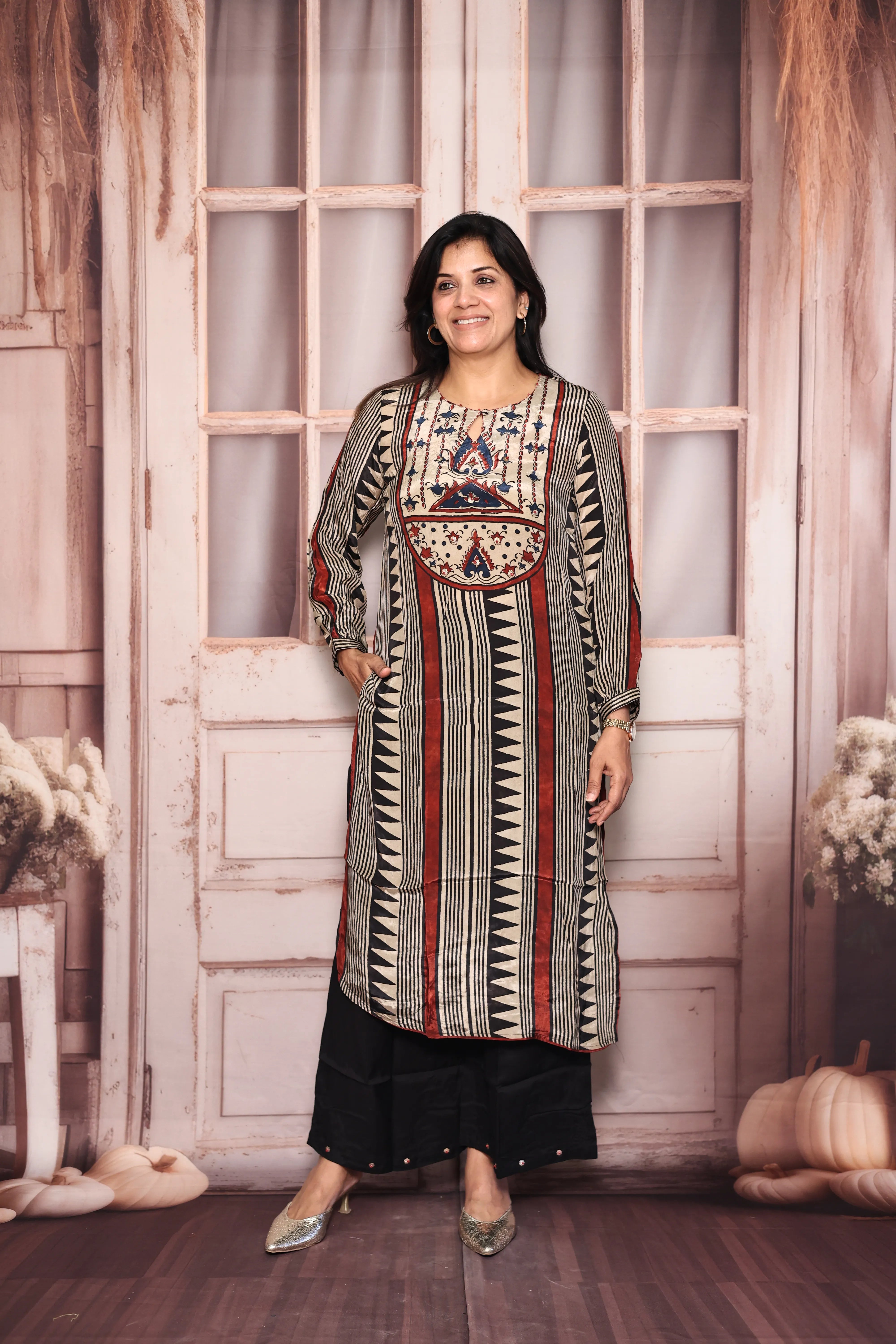 Beige & Black Printed Kurta Pant Set | Embroidered Pure Crepe Designer Wear