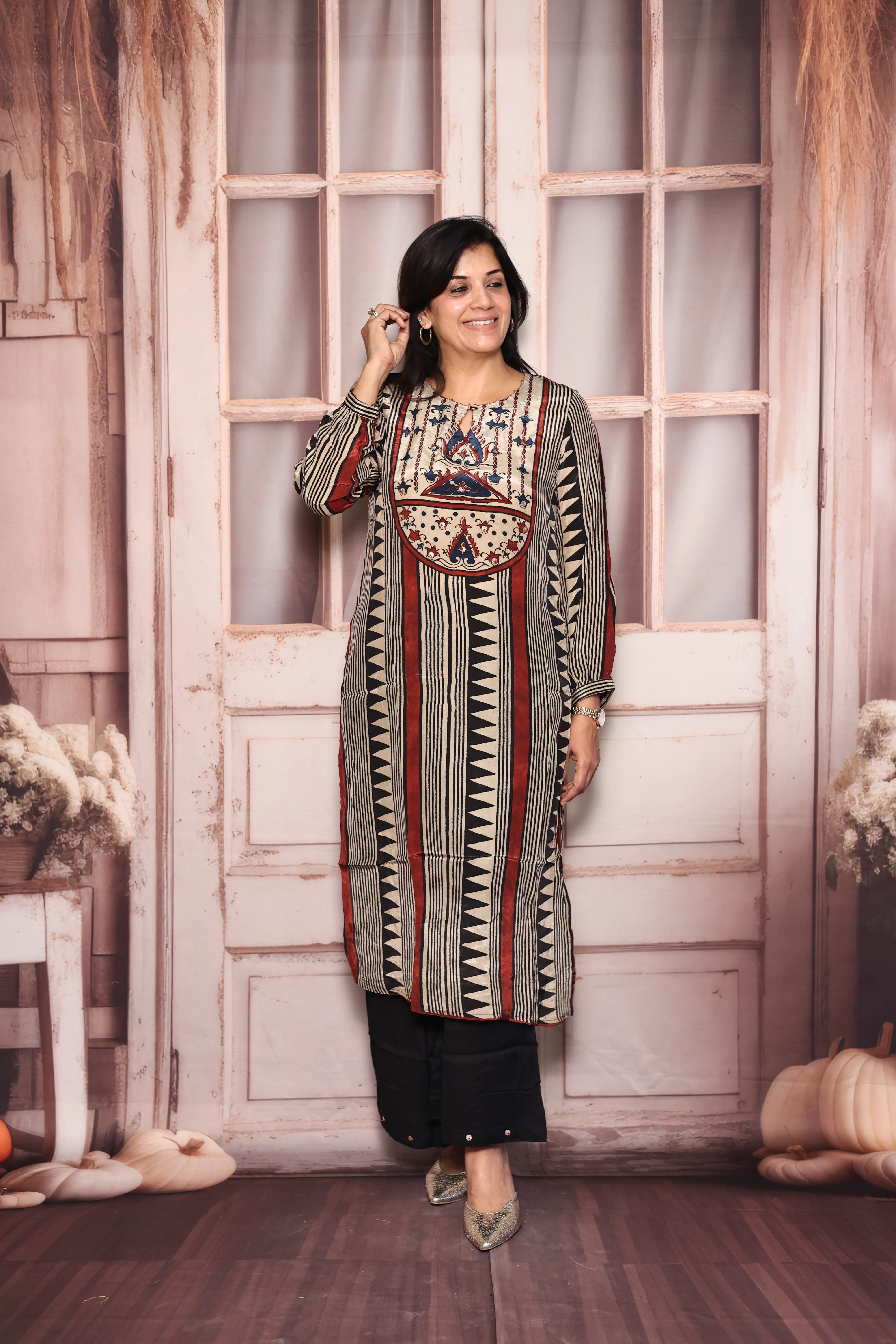 Beige & Black Printed Kurta Pant Set | Embroidered Pure Crepe Designer Wear