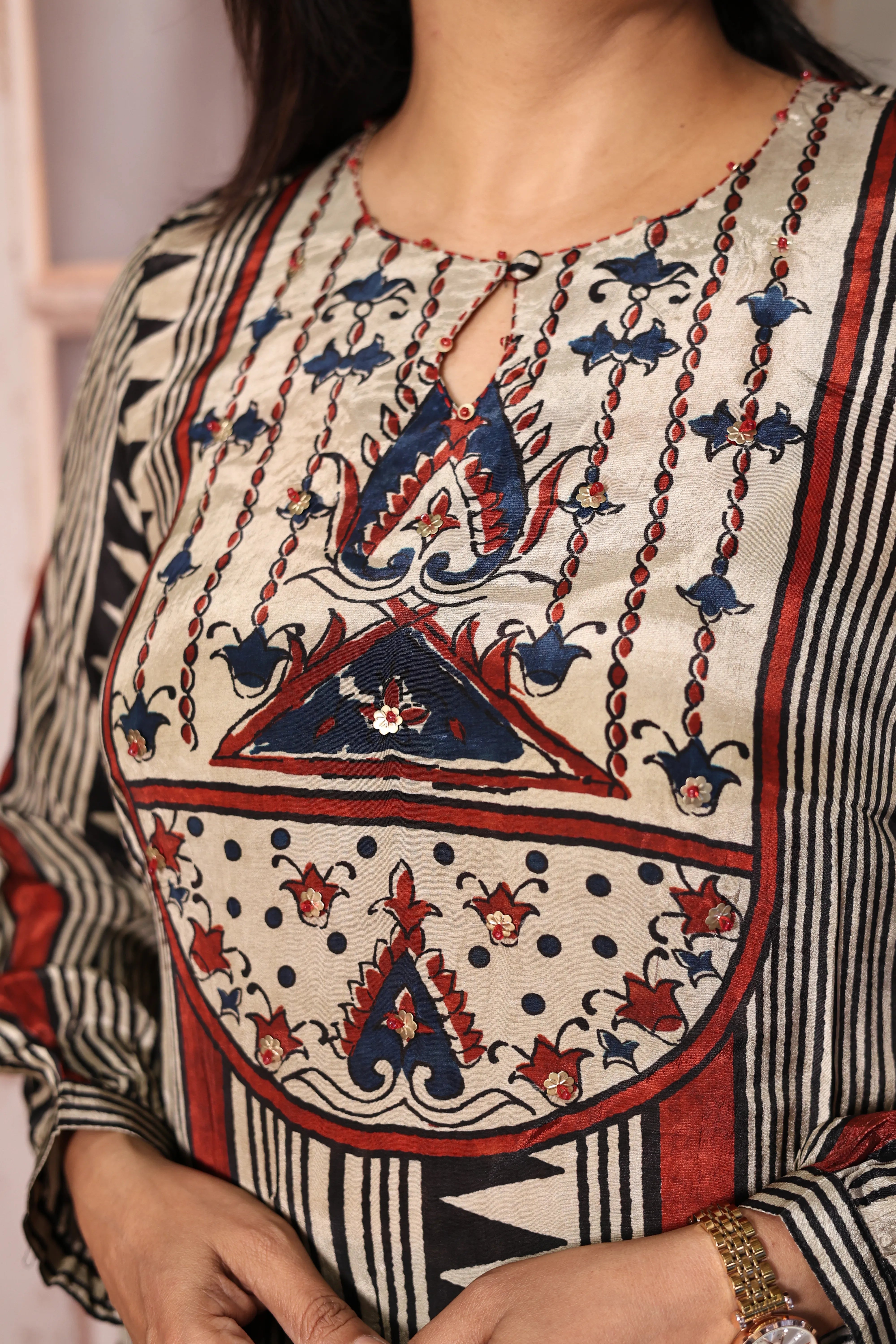 Beige & Black Printed Kurta Pant Set | Embroidered Pure Crepe Designer Wear