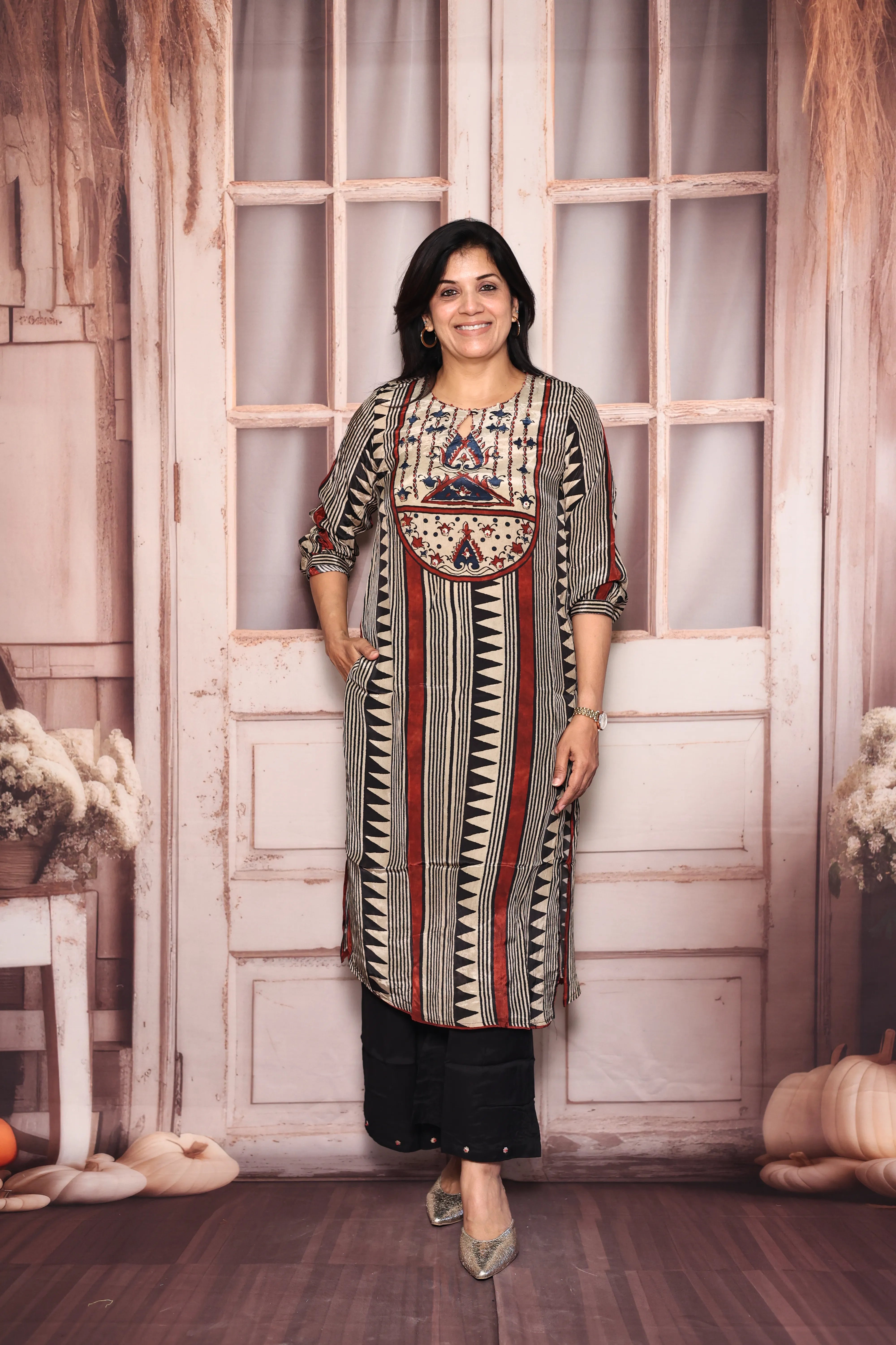 Beige & Black Printed Kurta Pant Set | Embroidered Pure Crepe Designer Wear