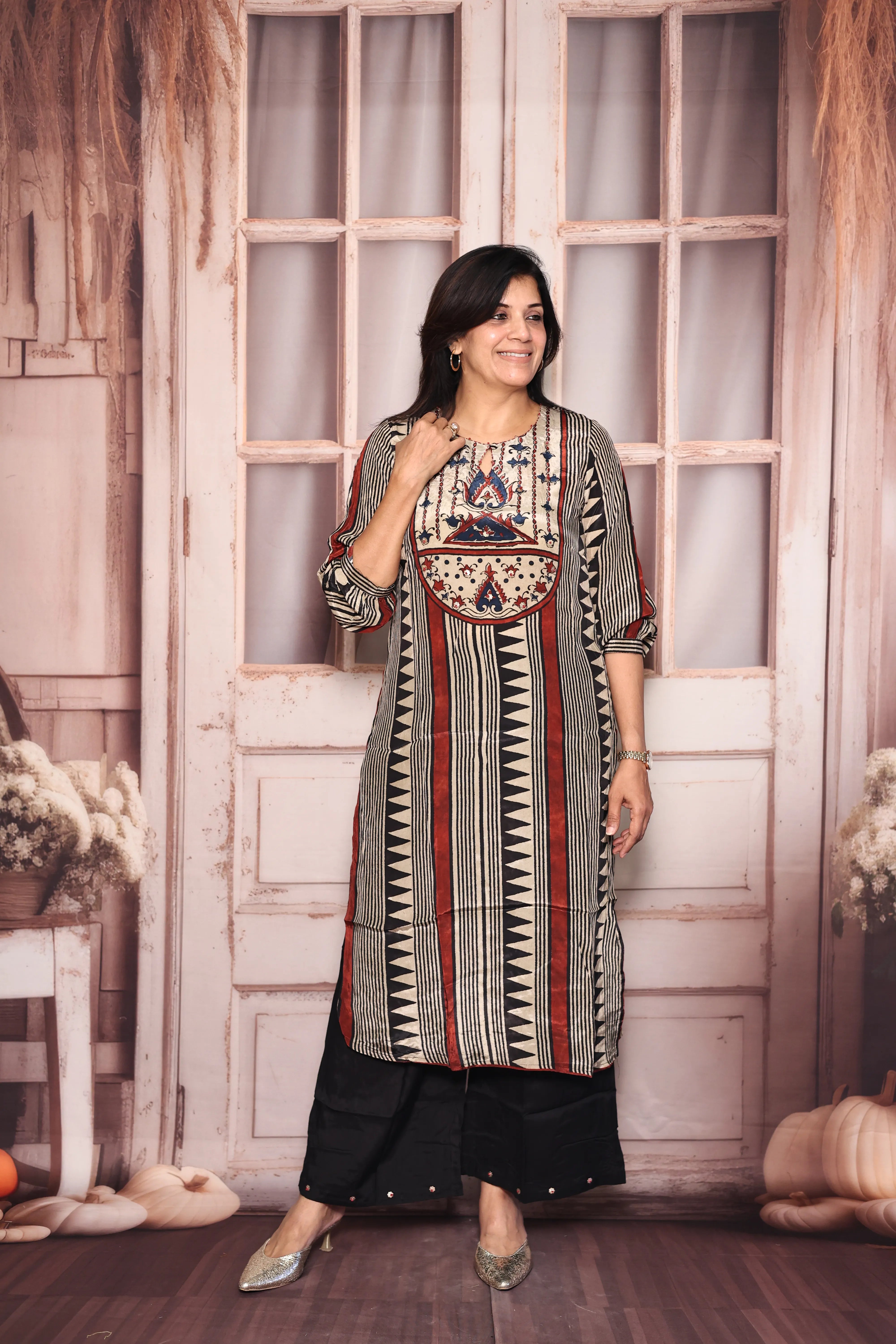 Beige & Black Printed Kurta Pant Set | Embroidered Pure Crepe Designer Wear