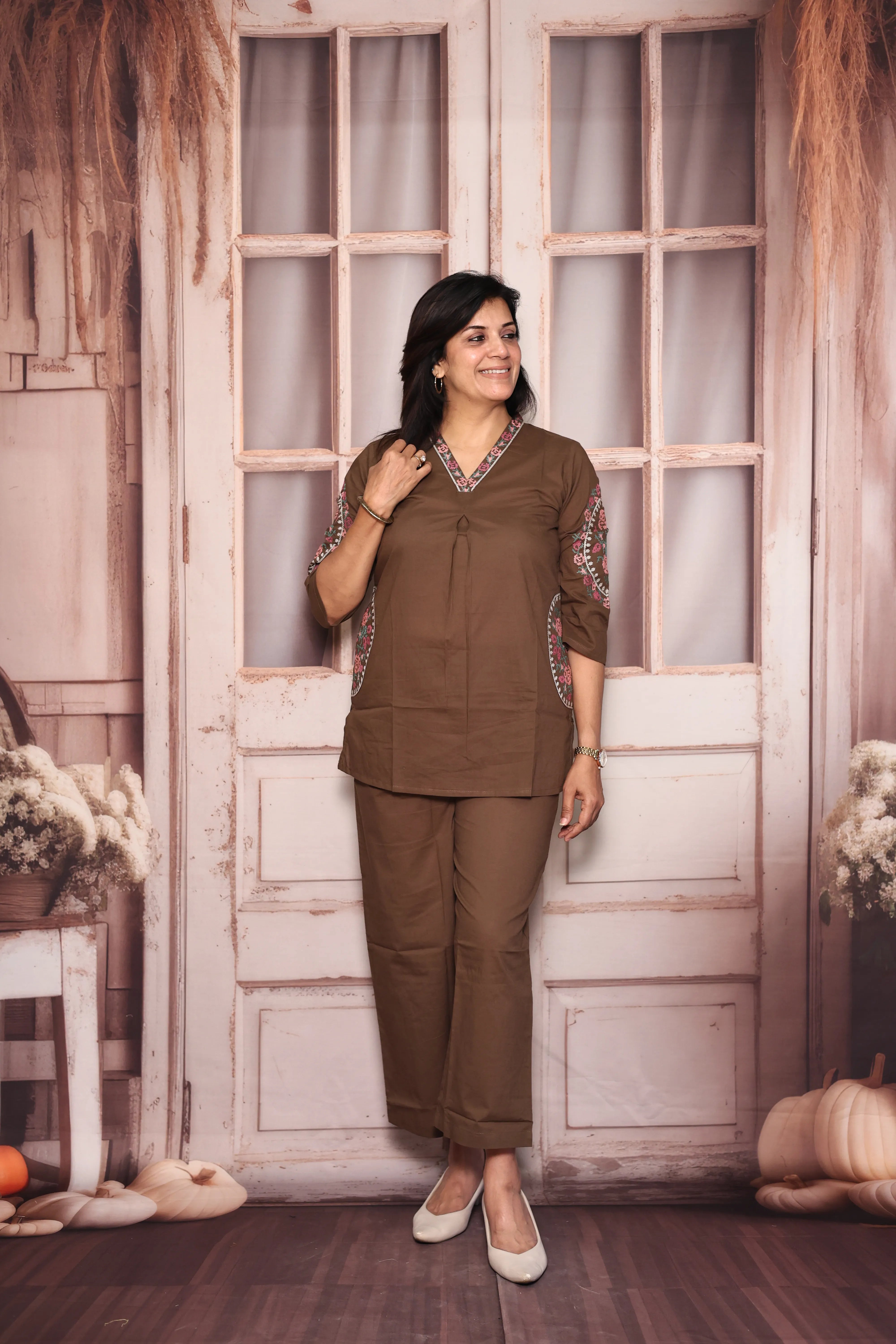 Brown Embroidered Top Pant Co-Ord Set | Beautiful Thread Work | Soft Cotton