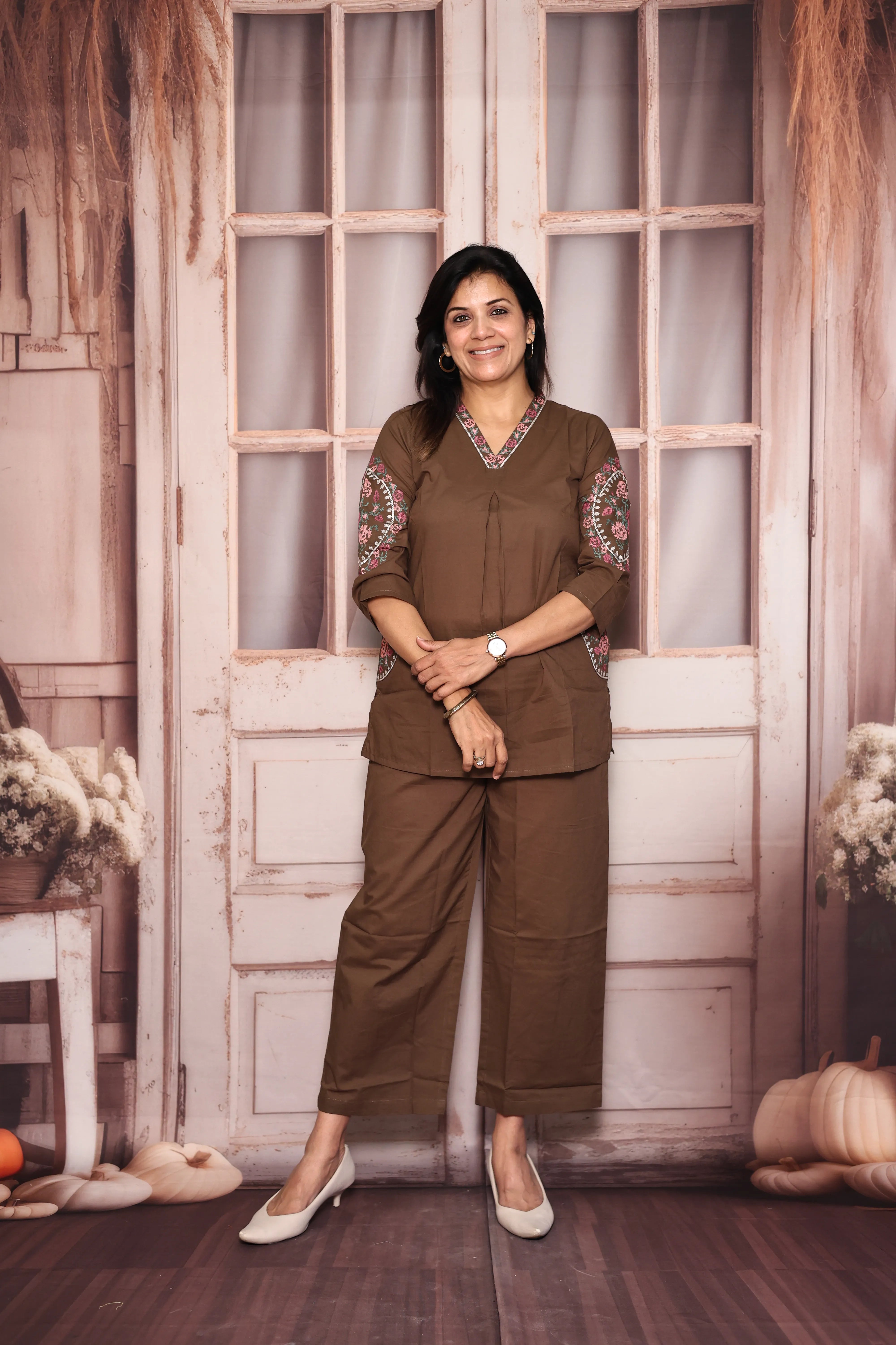 Brown Embroidered Top Pant Co-Ord Set | Beautiful Thread Work | Soft Cotton