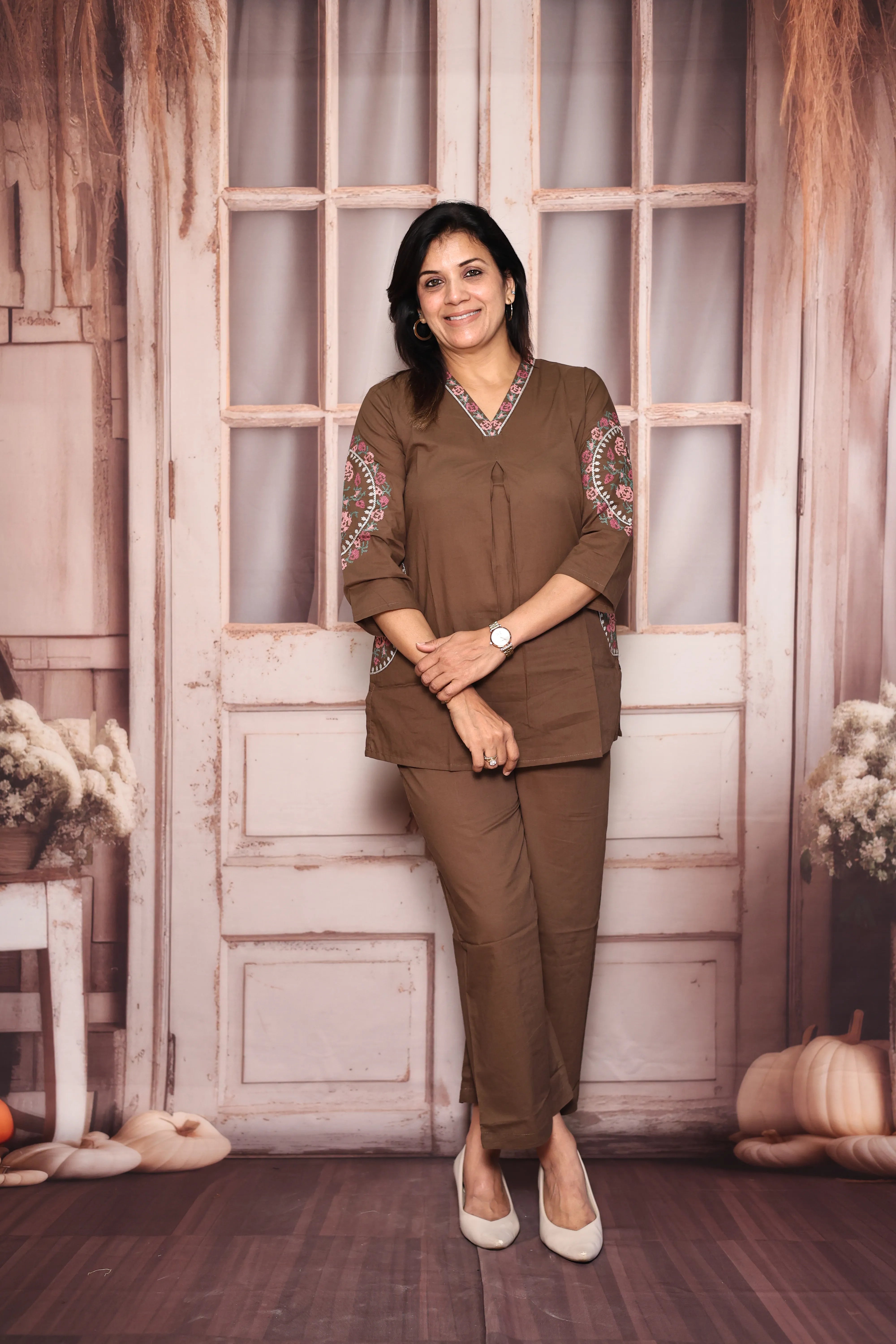 Brown Embroidered Top Pant Co-Ord Set | Beautiful Thread Work | Soft Cotton