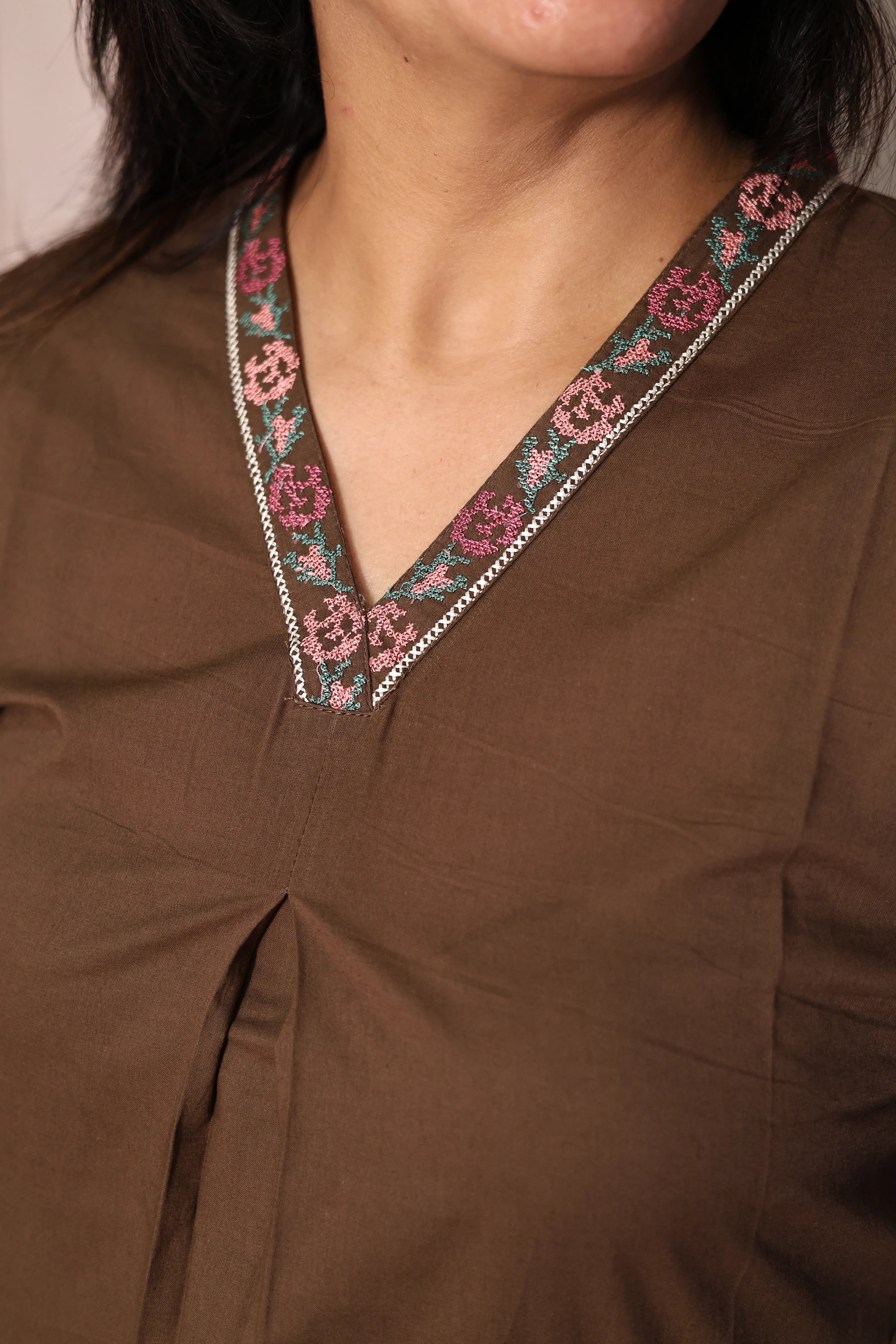 Brown Embroidered Top Pant Co-Ord Set | Beautiful Thread Work | Soft Cotton