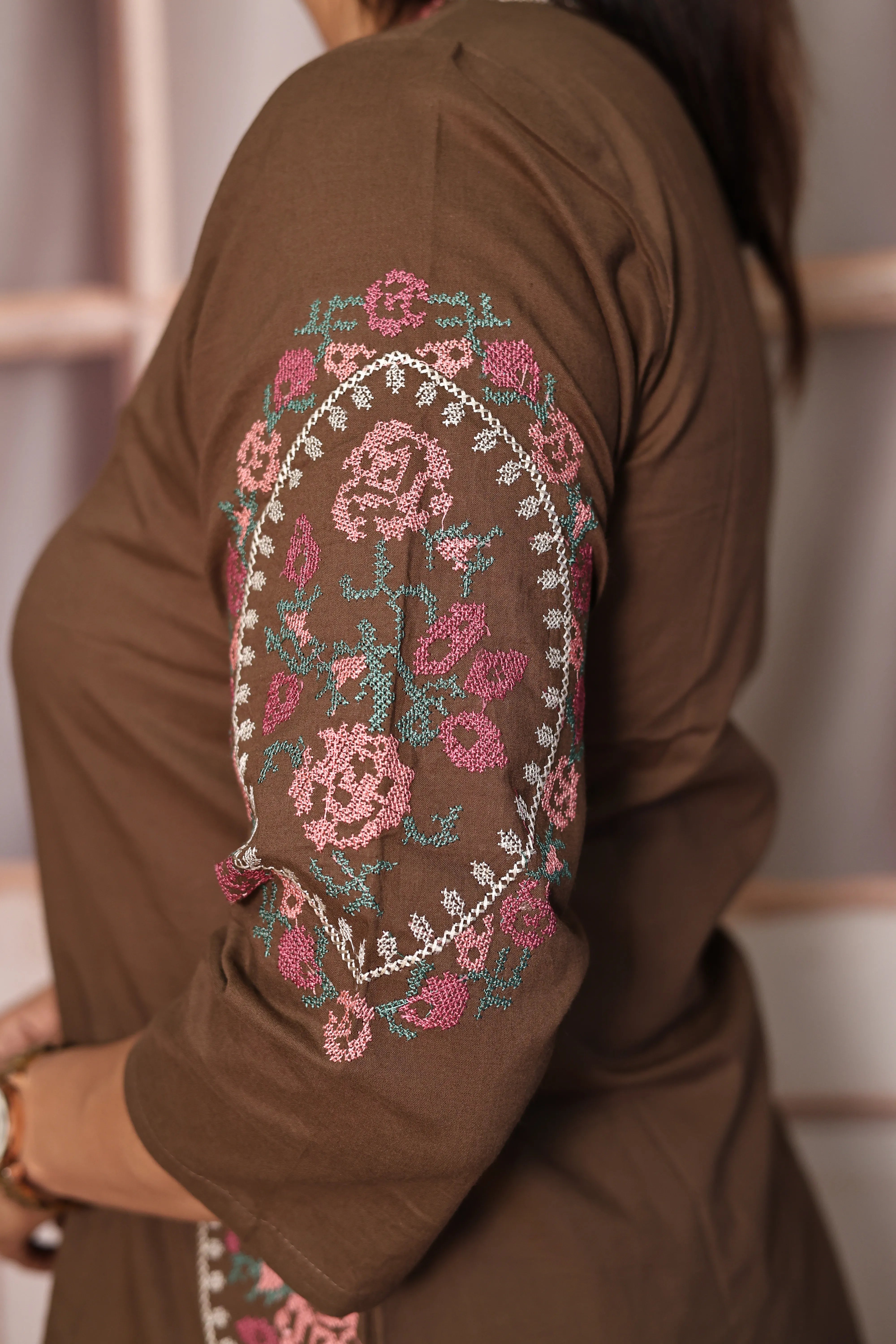 Brown Embroidered Top Pant Co-Ord Set | Beautiful Thread Work | Soft Cotton