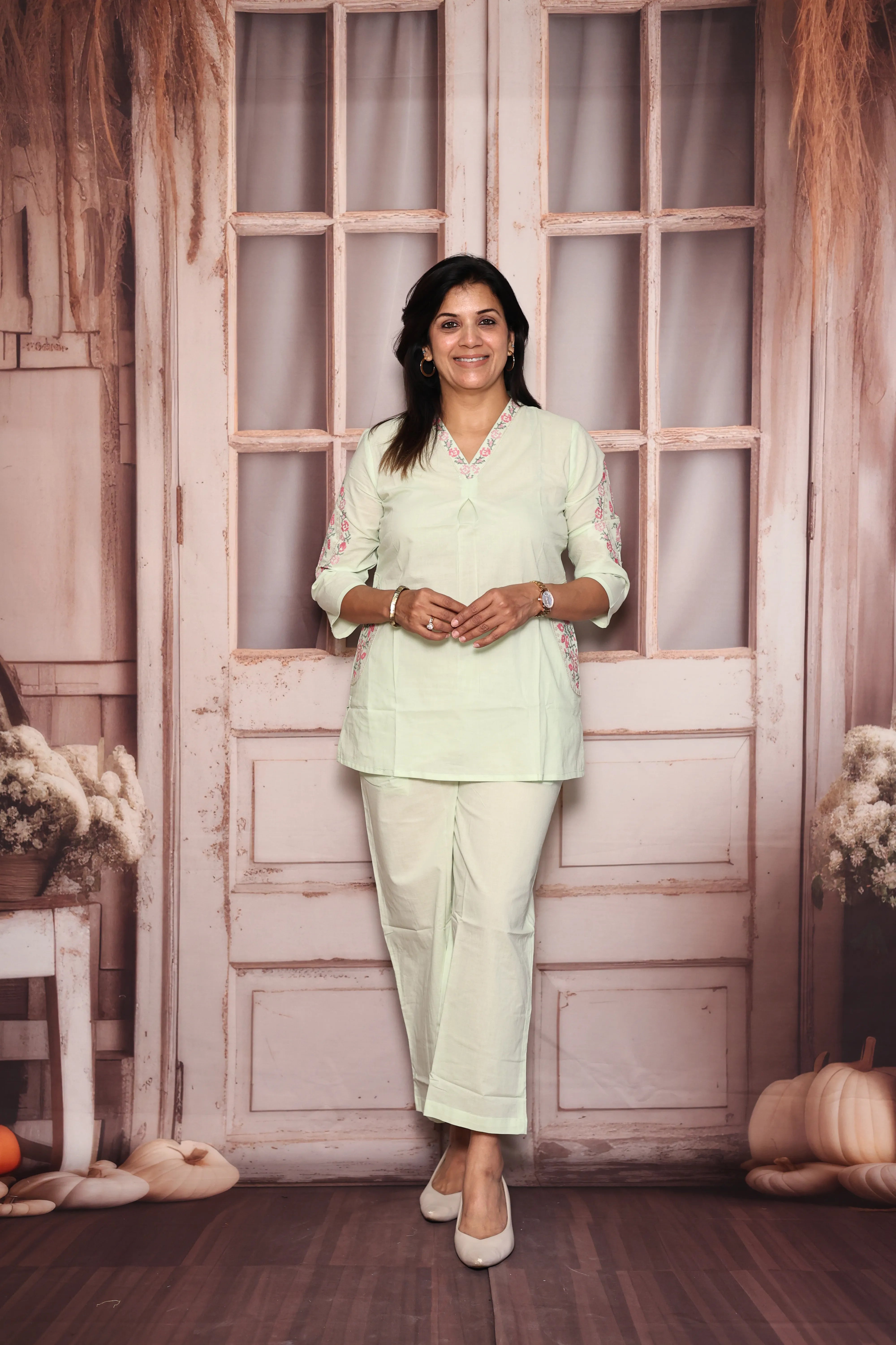 Pastel Green Embroidered Top Pant Co-Ord Set | Beautiful Thread Work | Soft Cotton