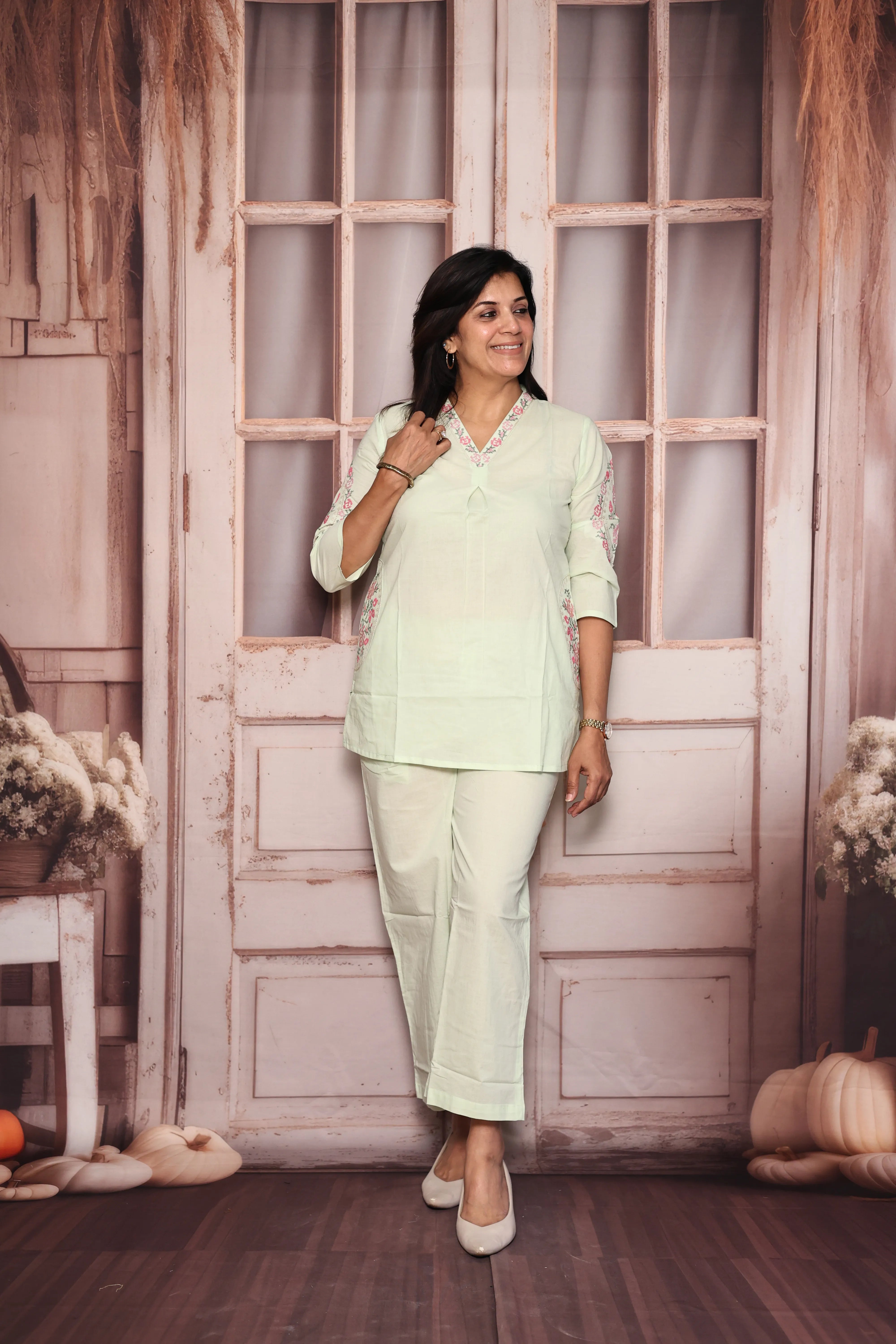 Pastel Green Embroidered Top Pant Co-Ord Set | Beautiful Thread Work | Soft Cotton