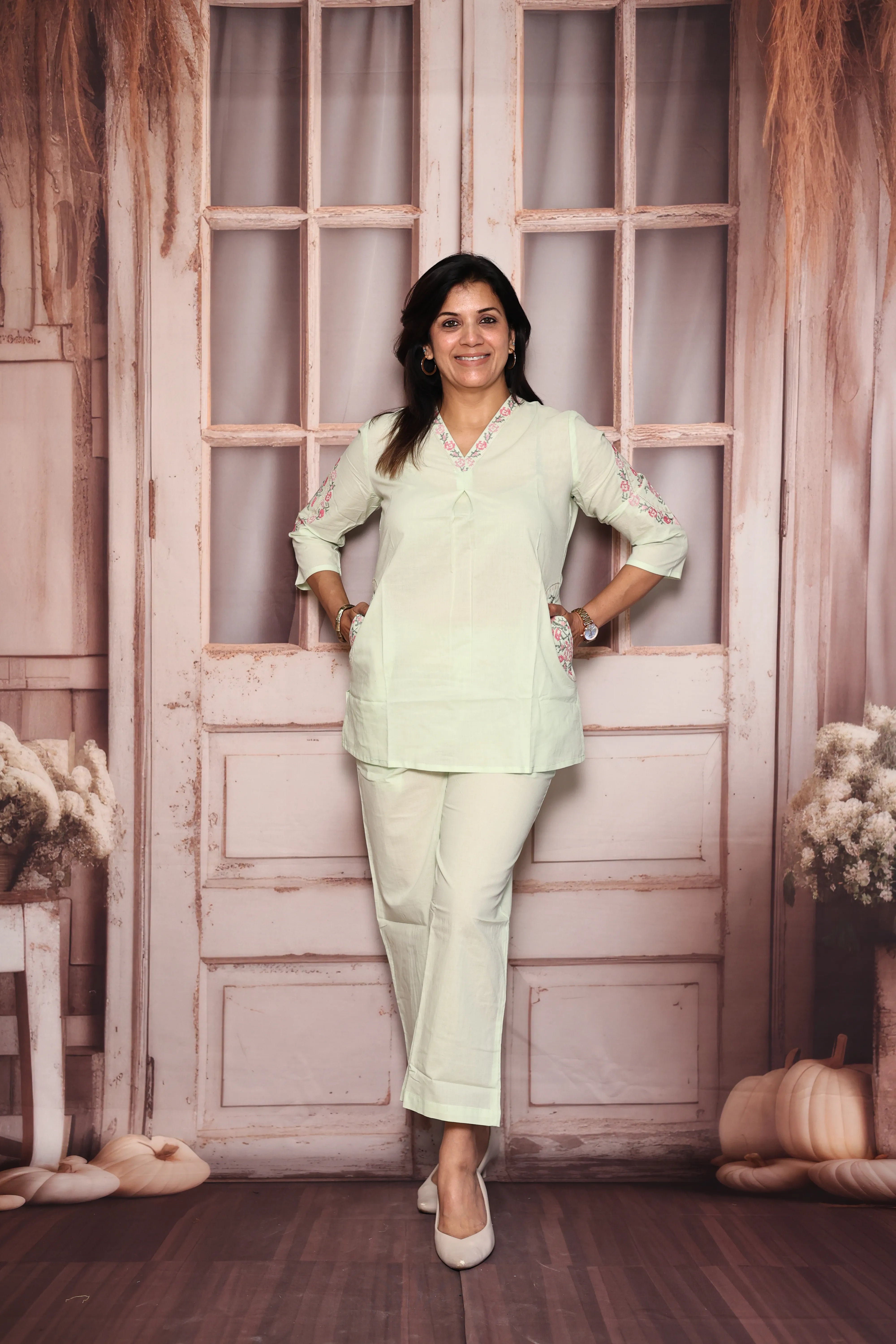 Pastel Green Embroidered Top Pant Co-Ord Set | Beautiful Thread Work | Soft Cotton