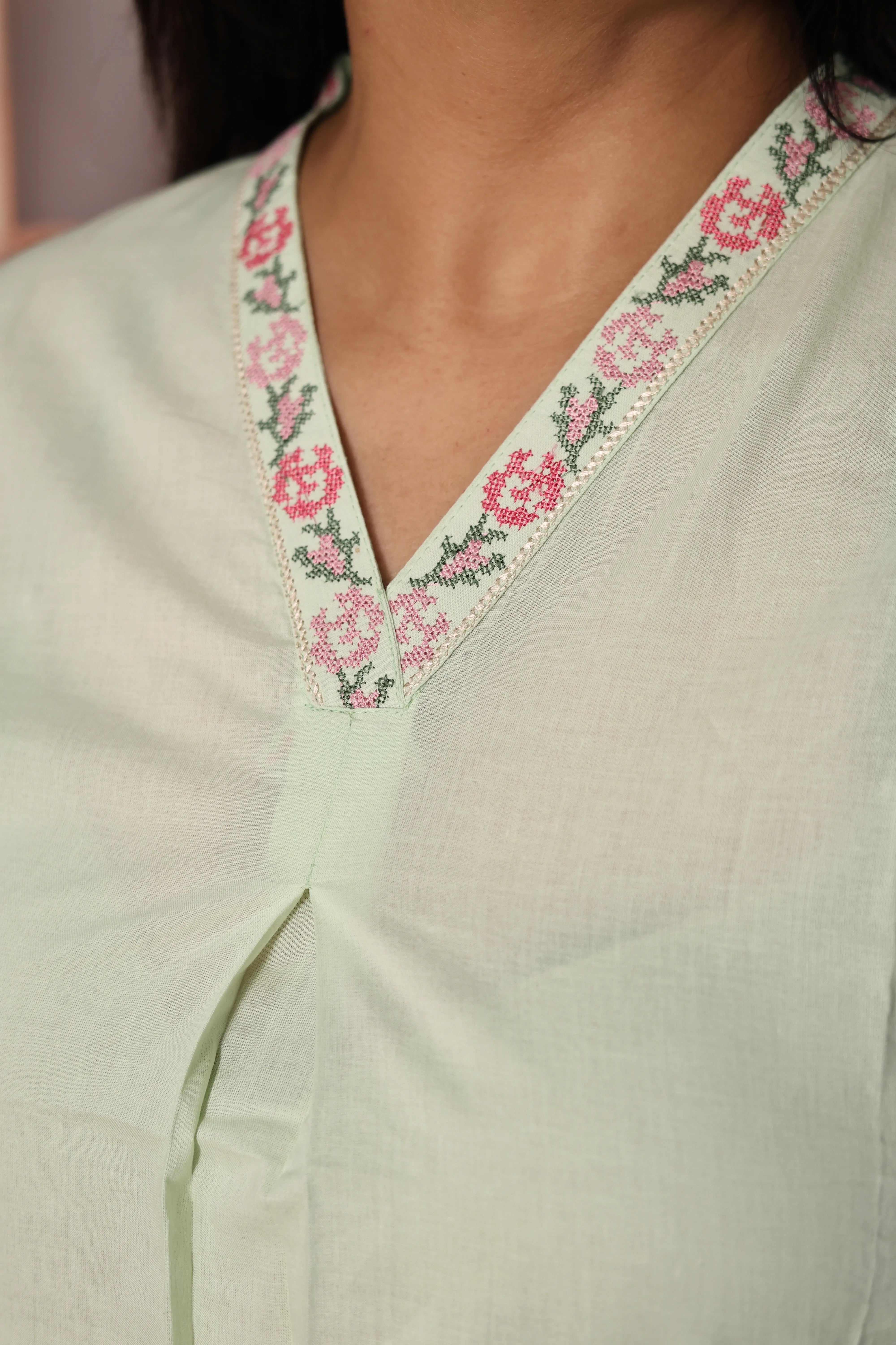 Pastel Green Embroidered Top Pant Co-Ord Set | Beautiful Thread Work | Soft Cotton