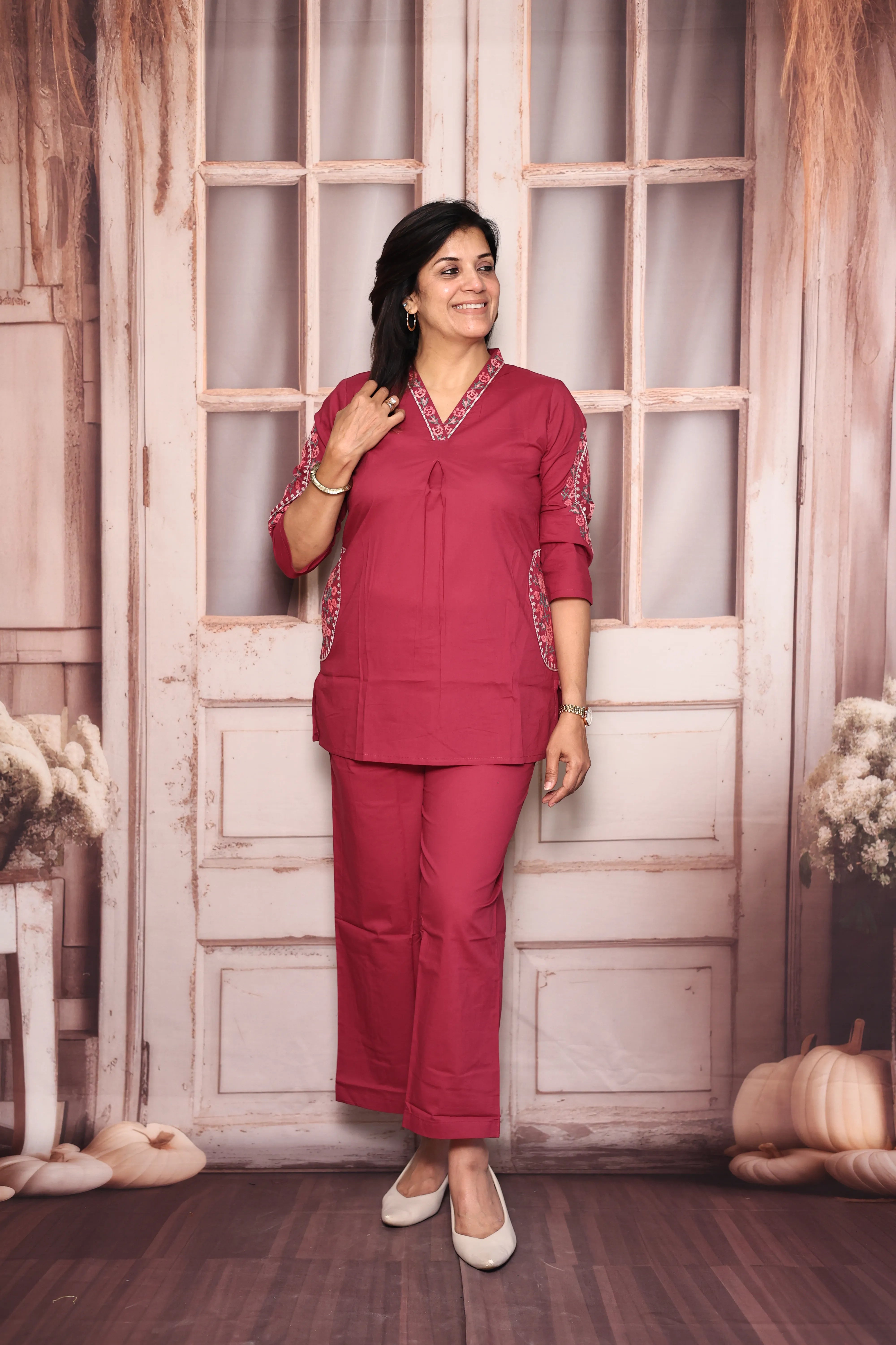 Magenta Embroidered Top Pant Co-Ord Set | Beautiful Thread Work | Soft Cotton