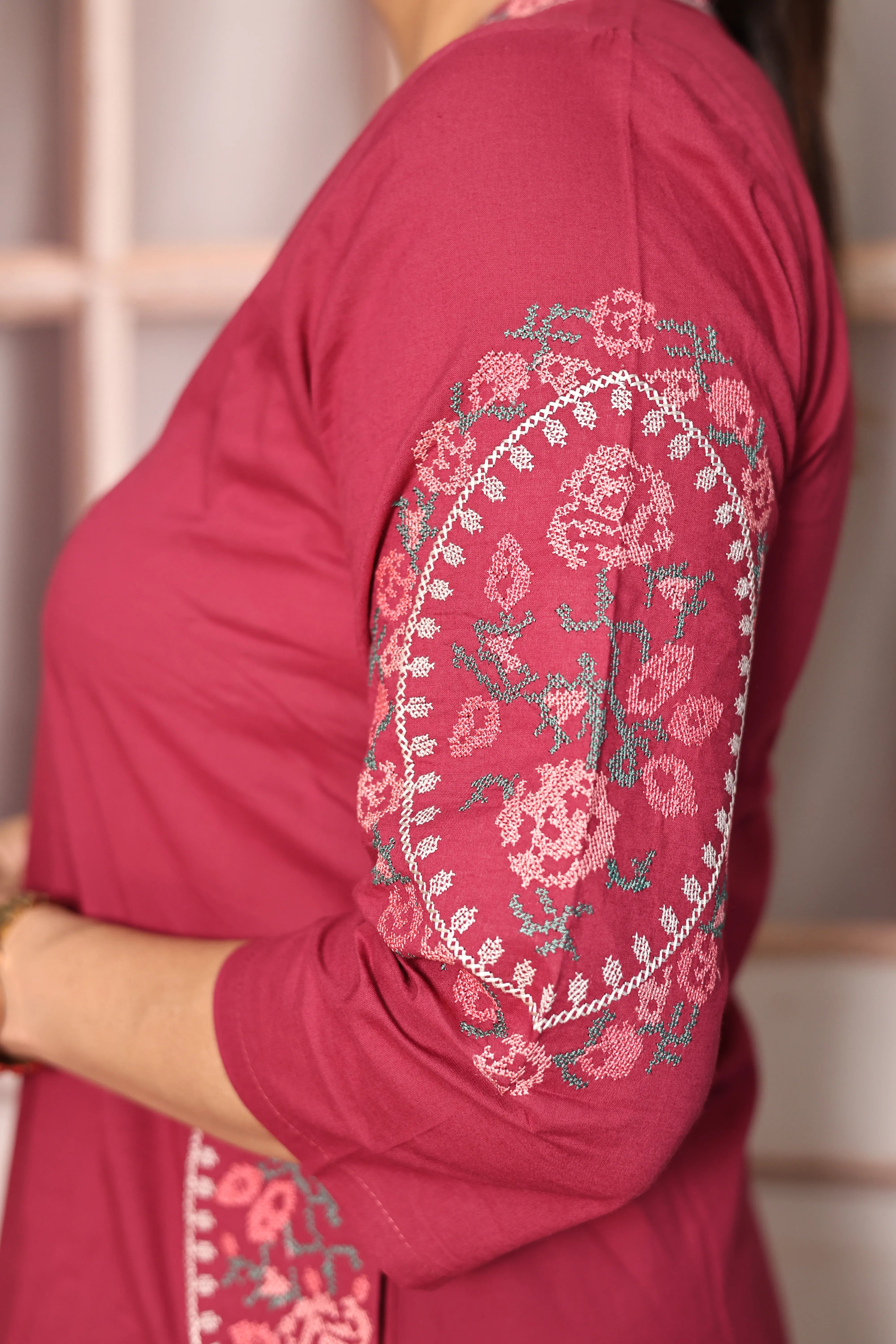 Magenta Embroidered Top Pant Co-Ord Set | Beautiful Thread Work | Soft Cotton