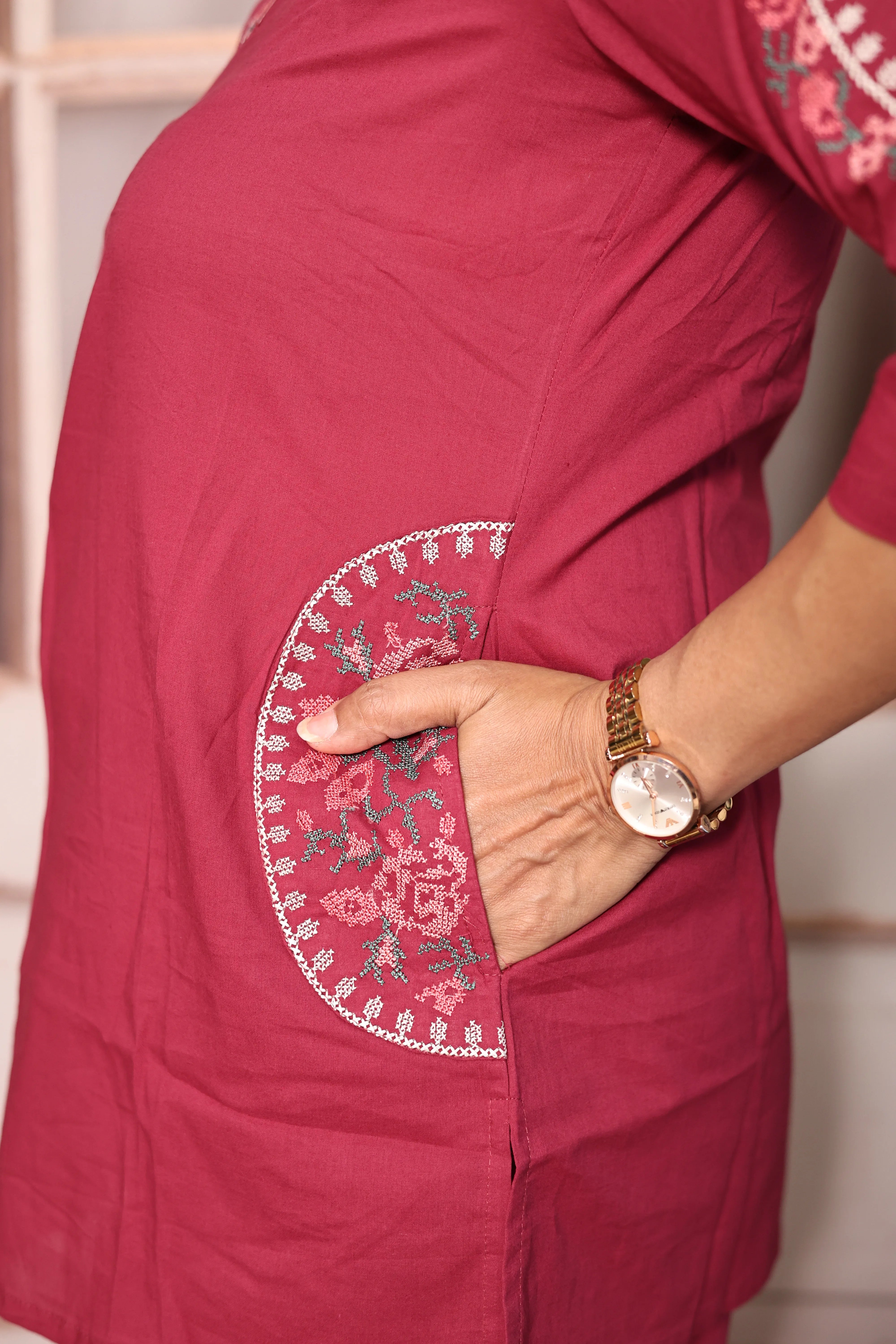 Magenta Embroidered Top Pant Co-Ord Set | Beautiful Thread Work | Soft Cotton