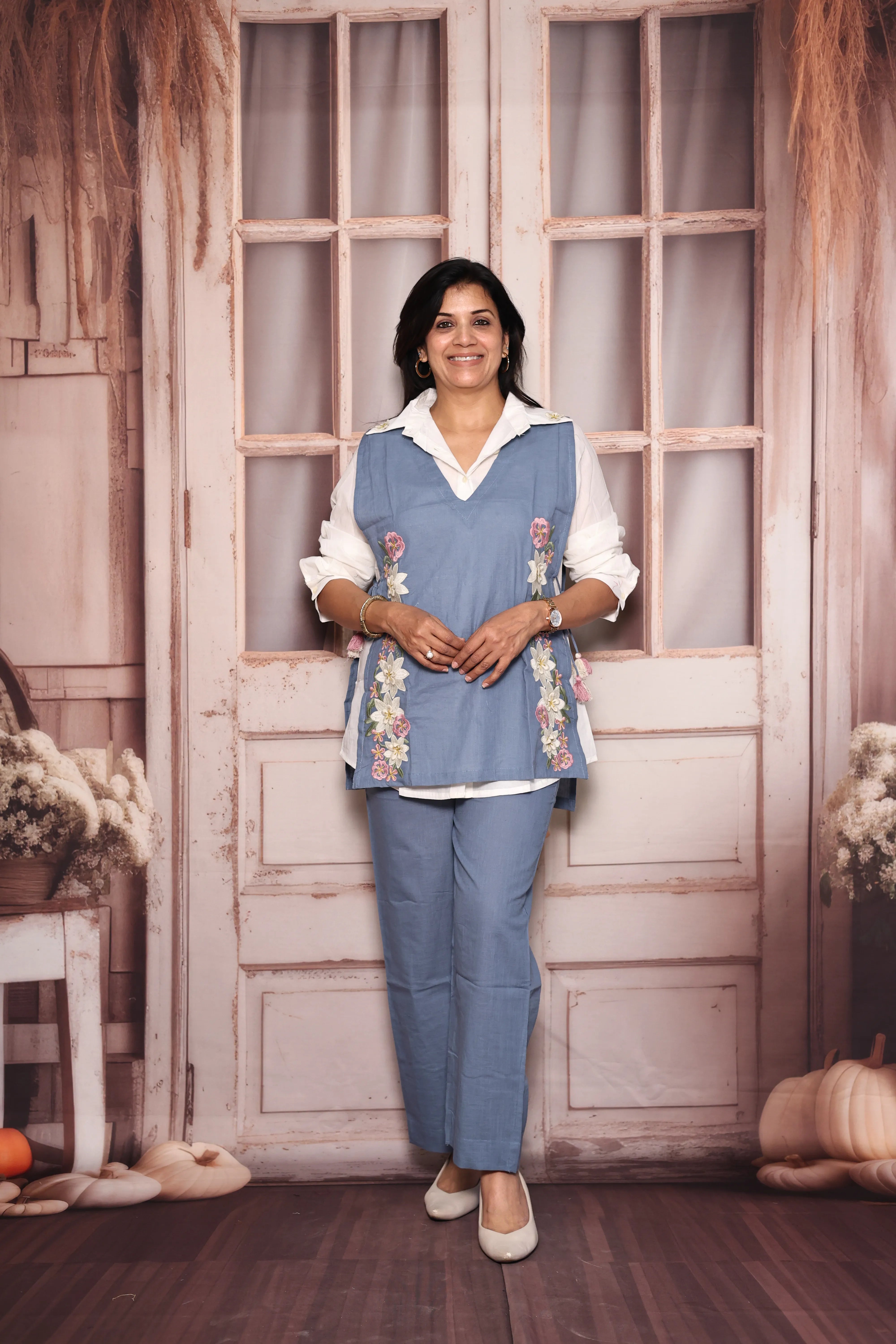 White & Blue Co-Ord Set with Stylish Jacket  | Floral Thread Embroidery | Pure Cotton