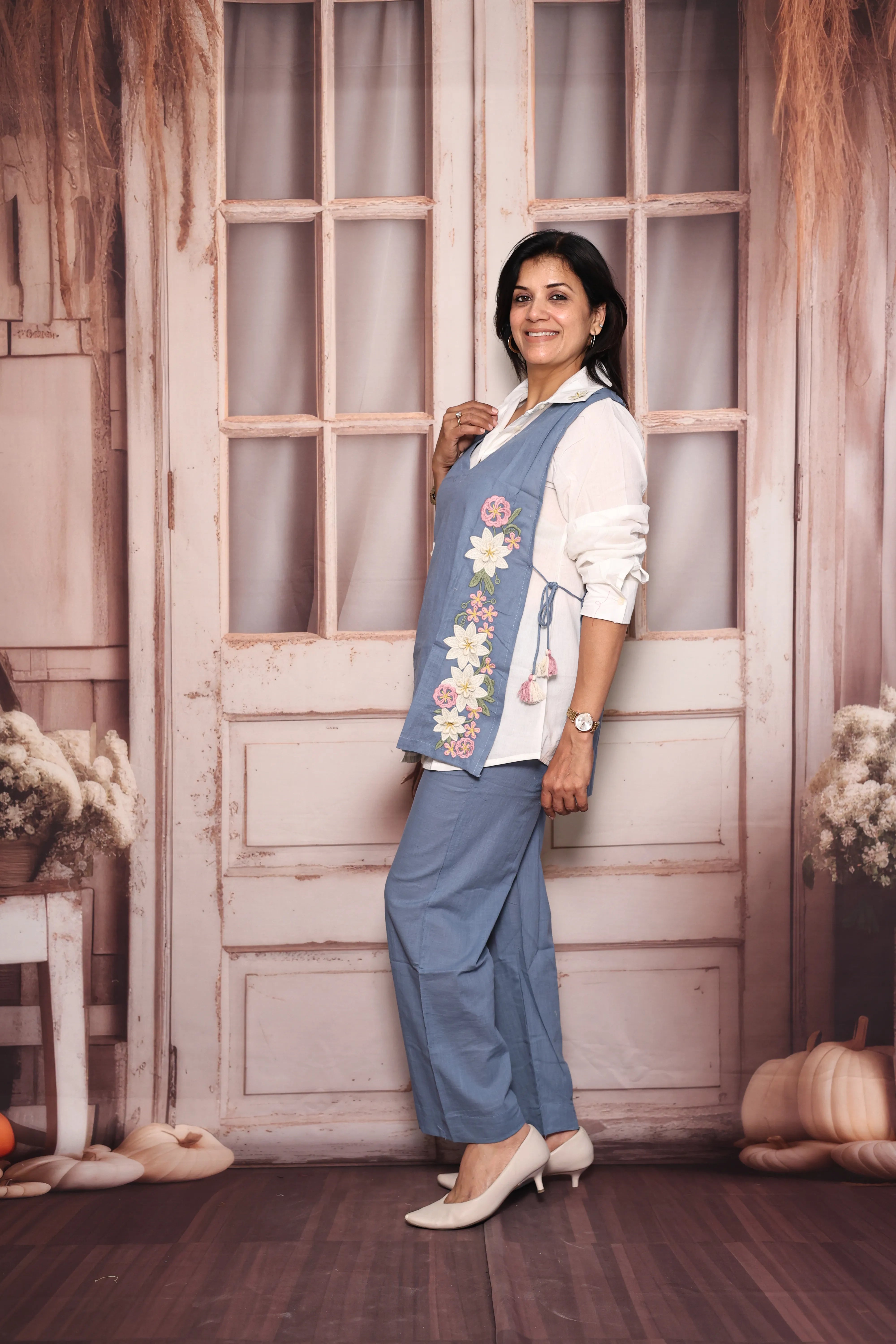 White & Blue Co-Ord Set with Stylish Jacket  | Floral Thread Embroidery | Pure Cotton