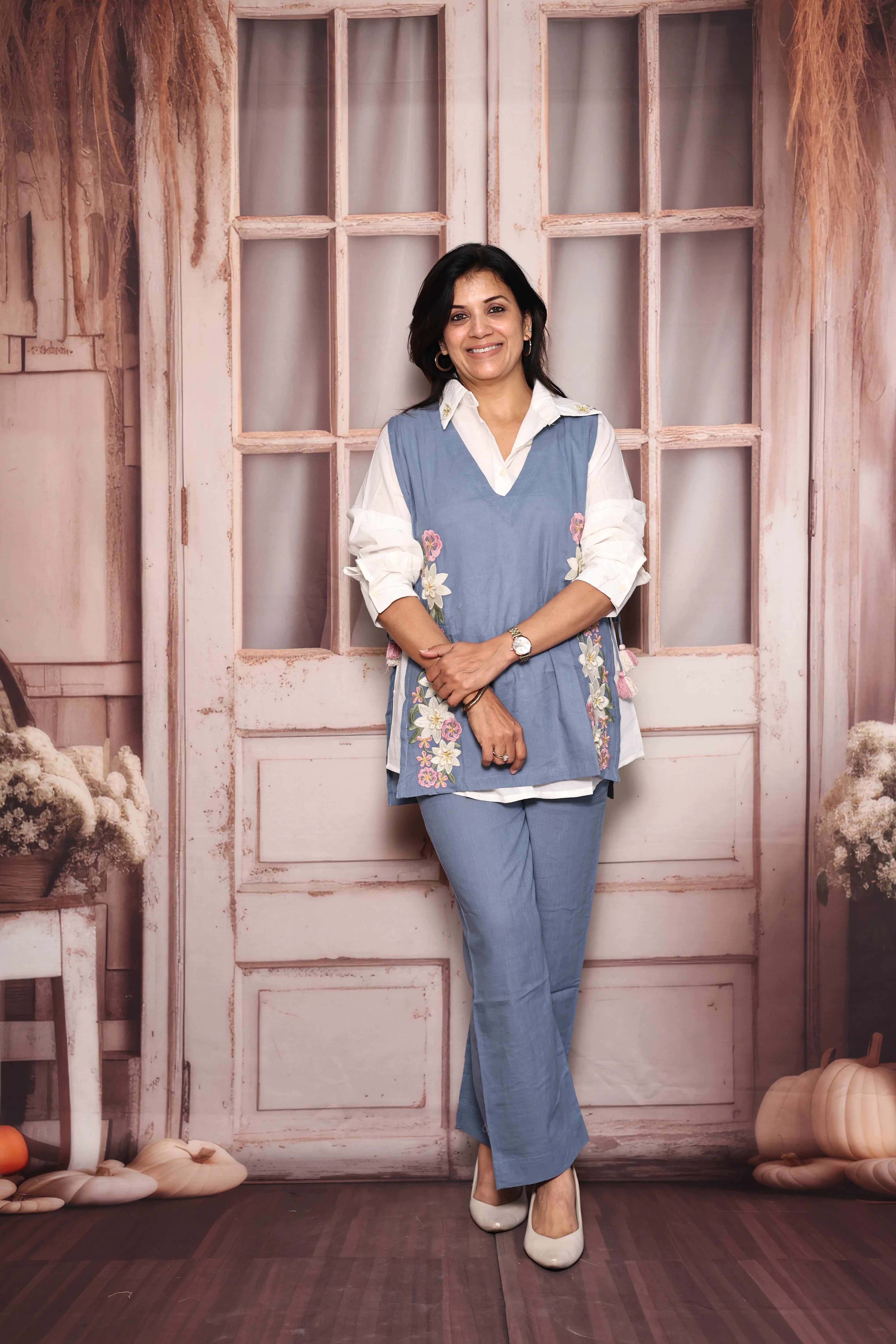 White & Blue Co-Ord Set with Stylish Jacket  | Floral Thread Embroidery | Pure Cotton