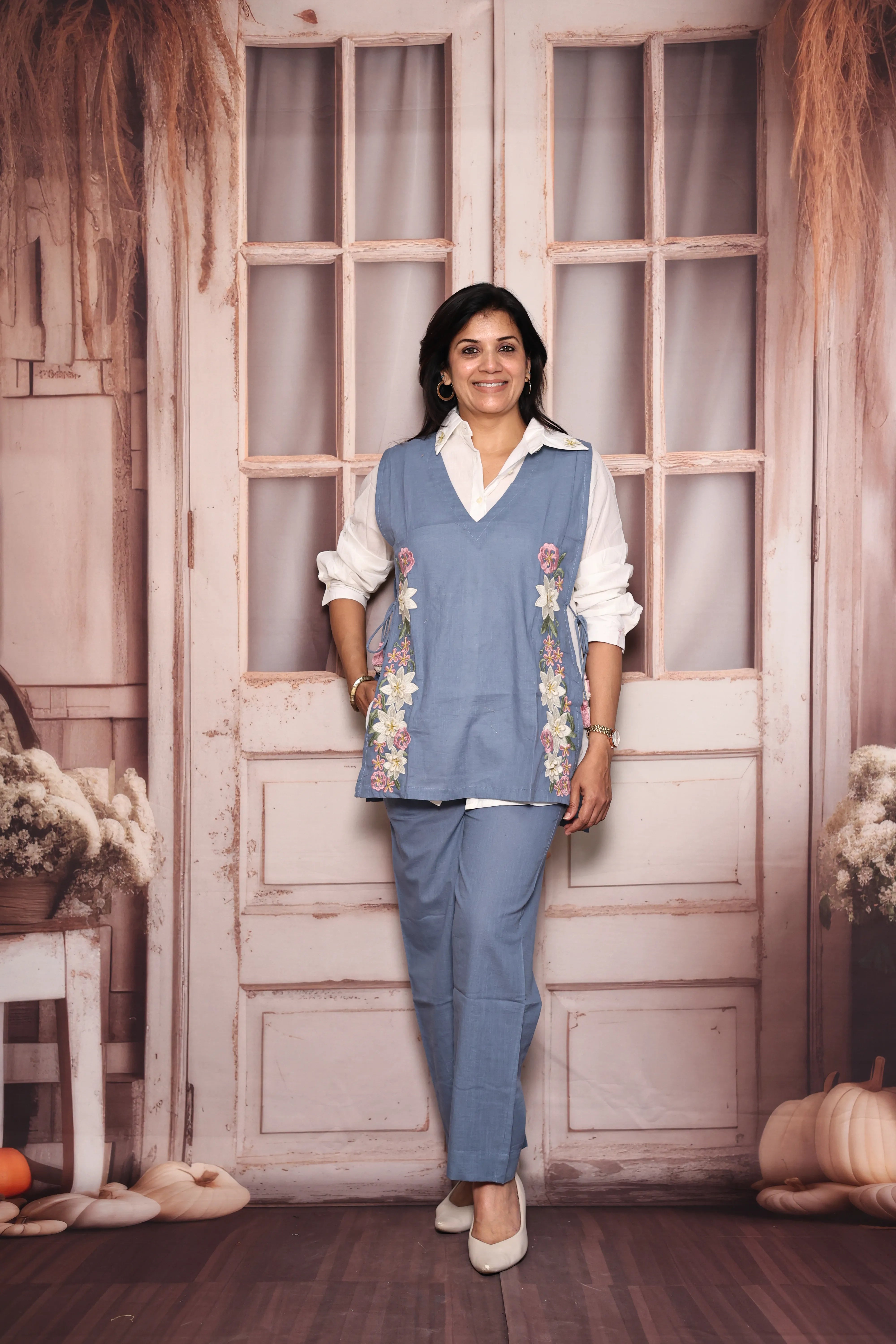 White & Blue Co-Ord Set with Stylish Jacket  | Floral Thread Embroidery | Pure Cotton