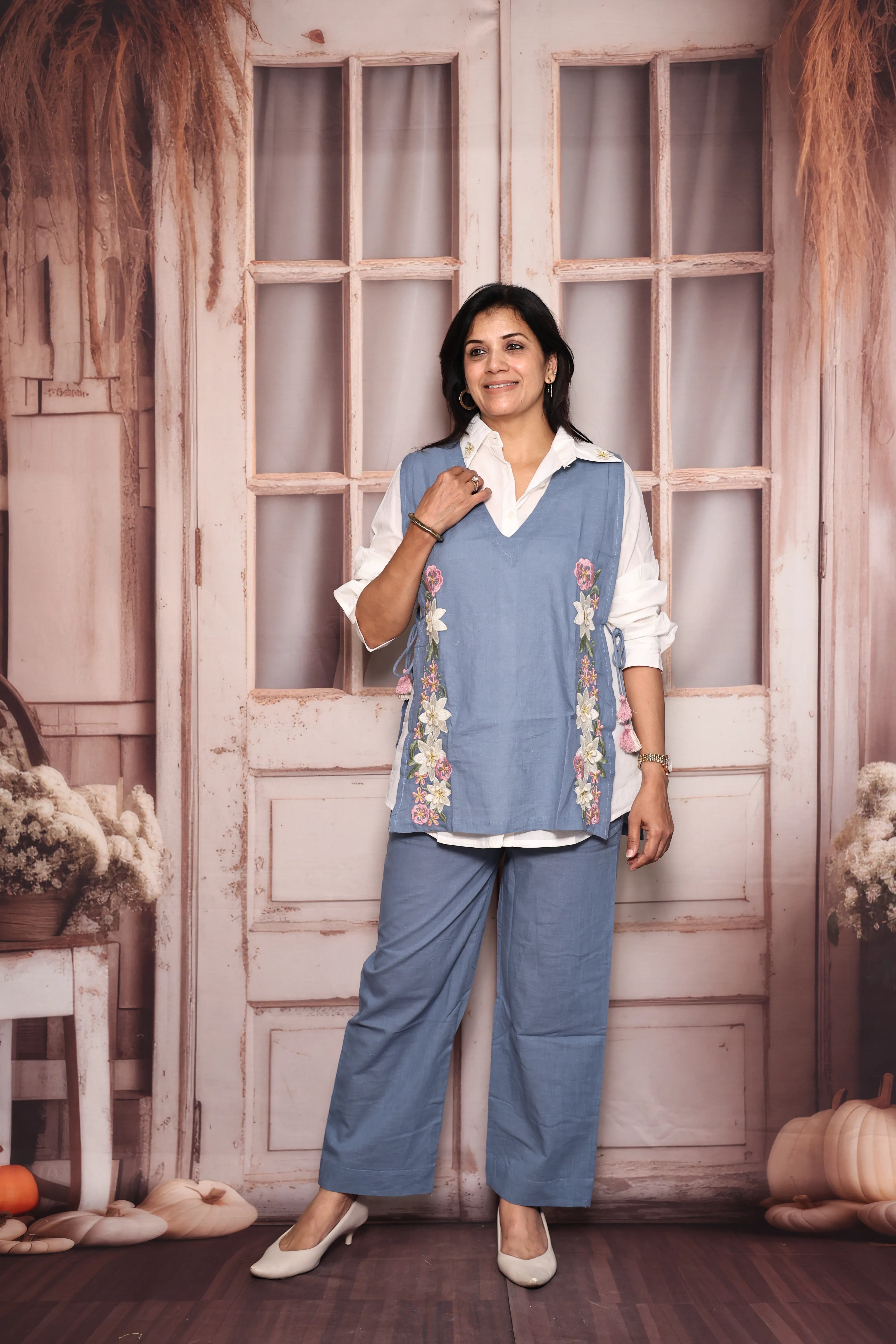 White & Blue Co-Ord Set with Stylish Jacket  | Floral Thread Embroidery | Pure Cotton
