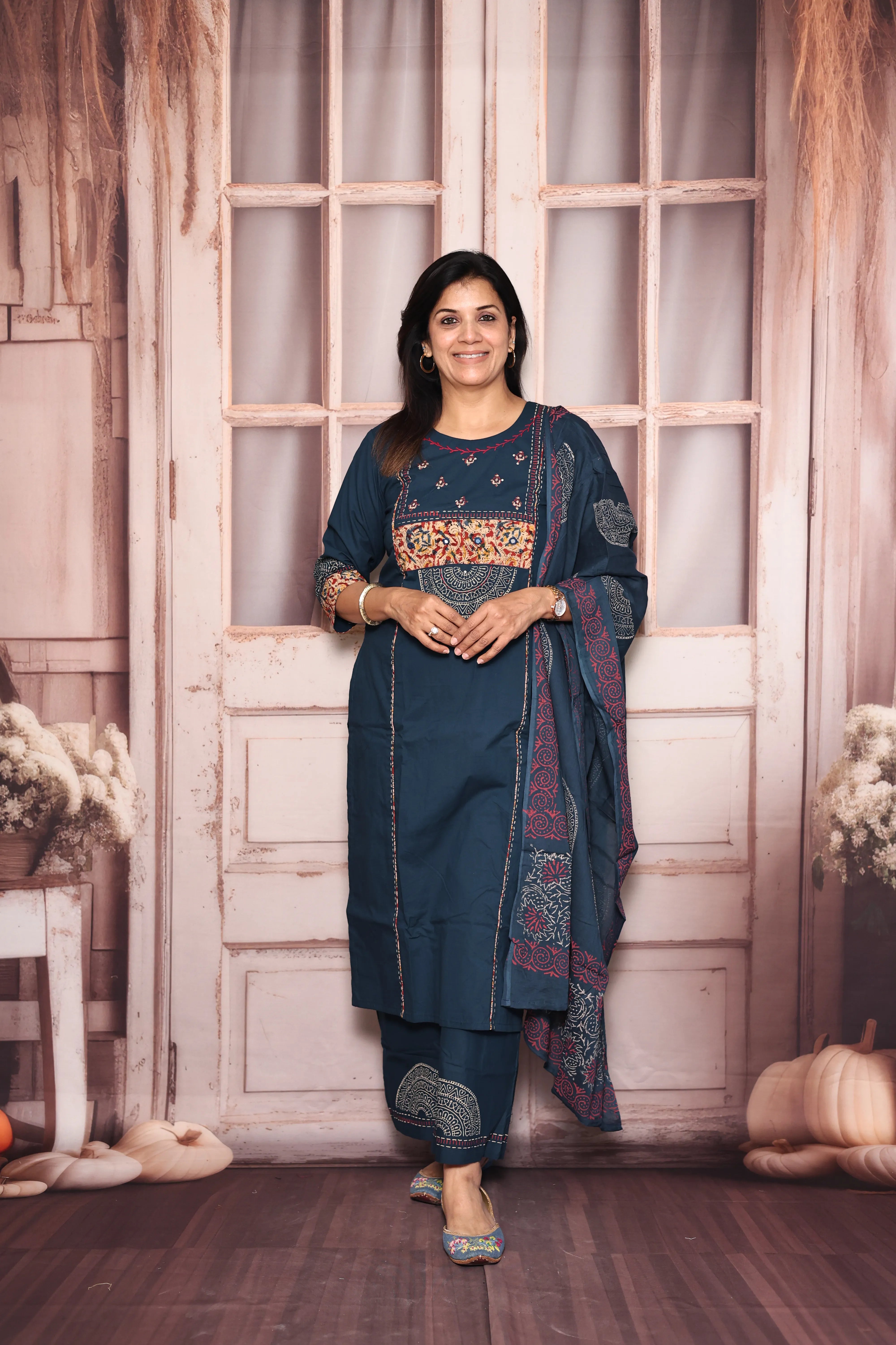 Prussian Blue Yoke Patch Work Dupatta Set | Kalamkari Patch Work & Hand Print | Cotton