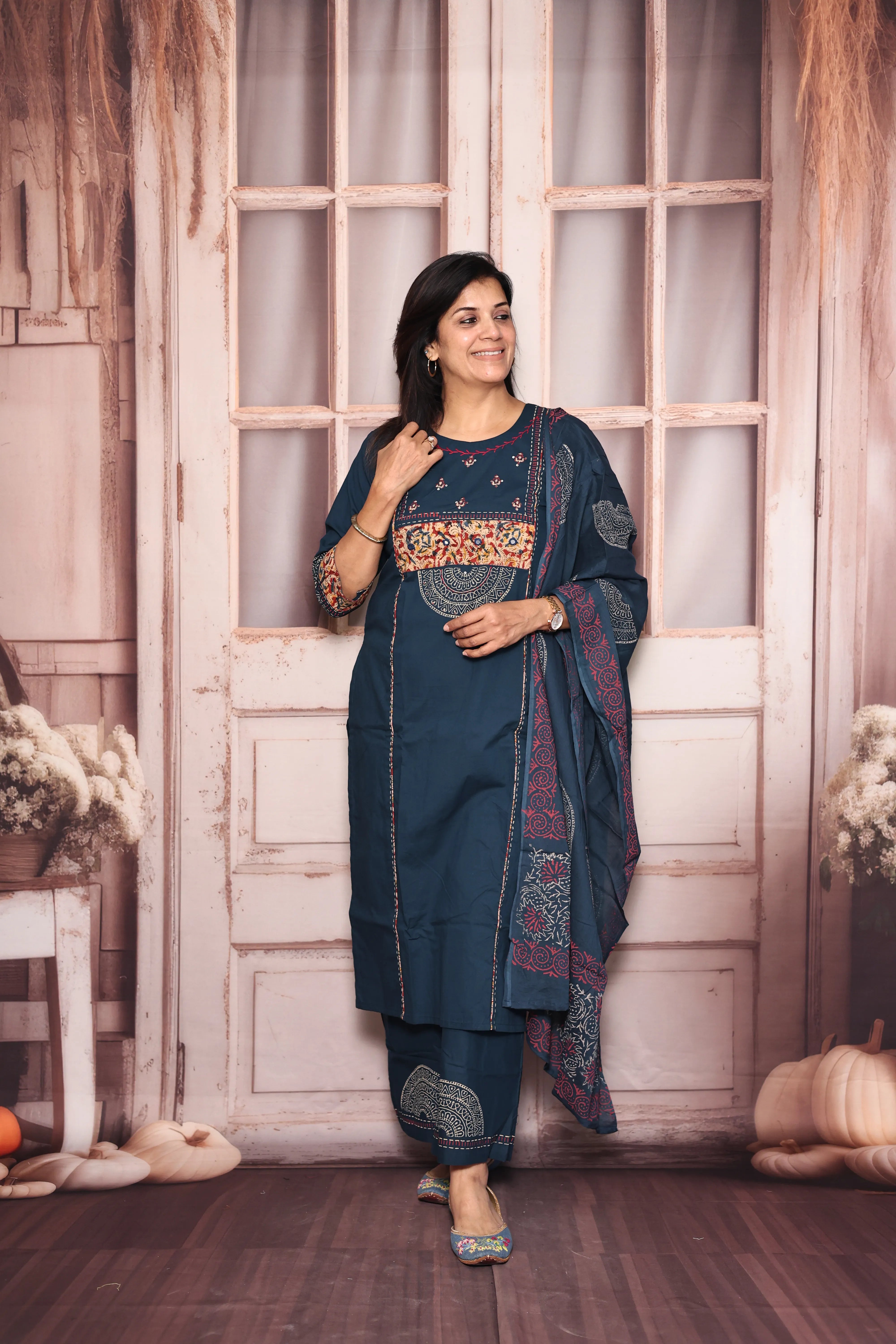 Prussian Blue Yoke Patch Work Dupatta Set | Kalamkari Patch Work & Hand Print | Cotton