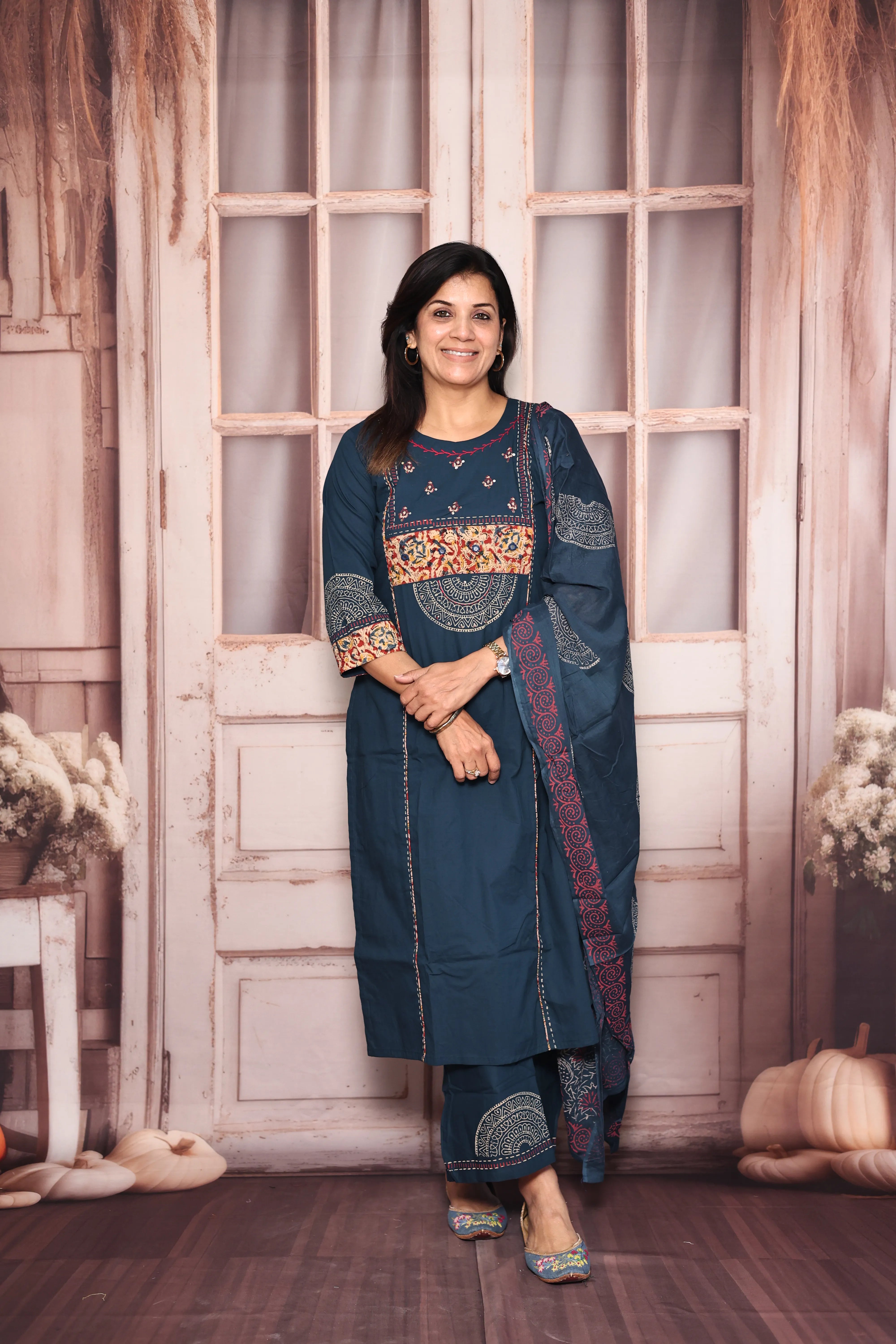 Prussian Blue Yoke Patch Work Dupatta Set | Kalamkari Patch Work & Hand Print | Cotton