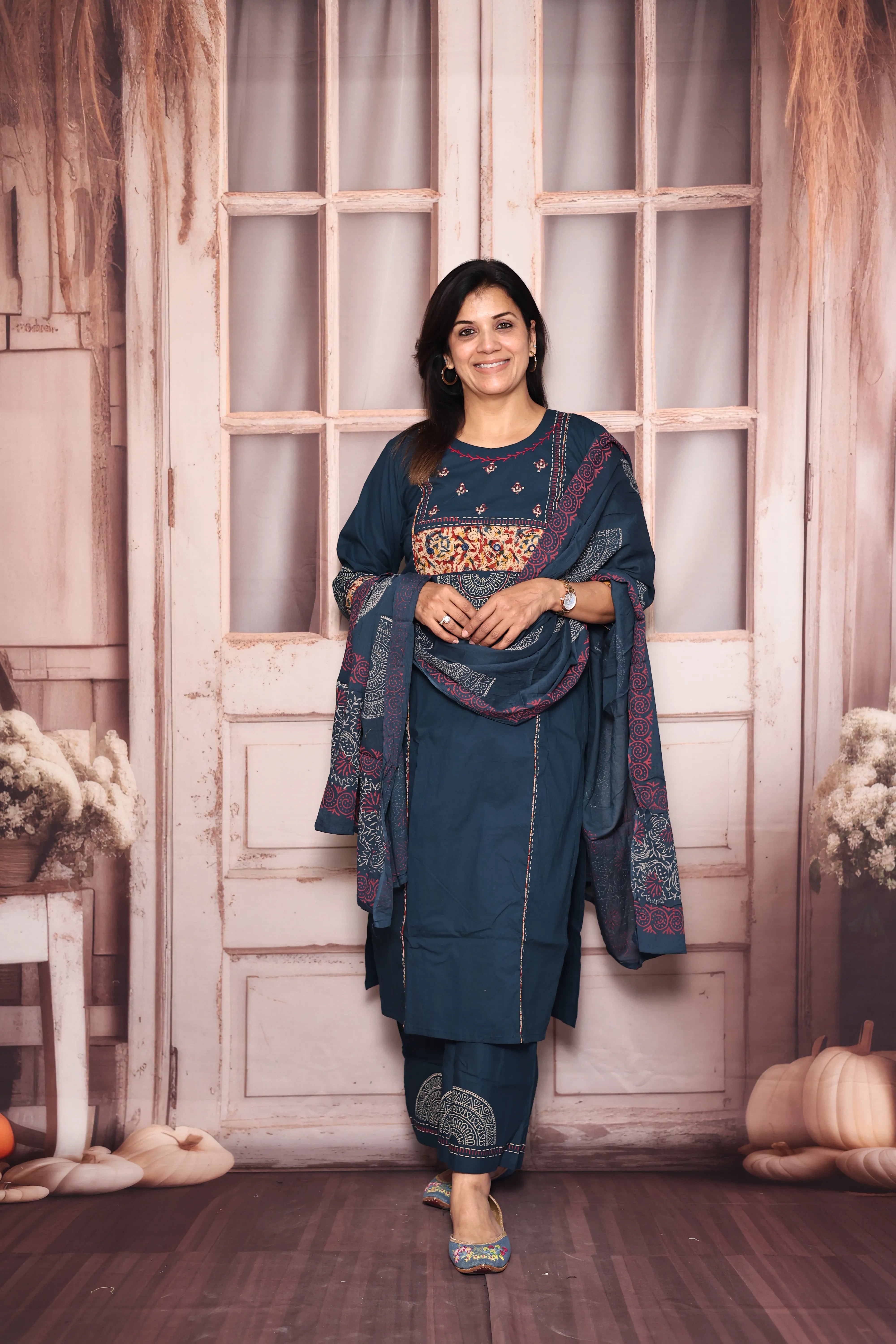 Prussian Blue Yoke Patch Work Dupatta Set | Kalamkari Patch Work & Hand Print | Cotton